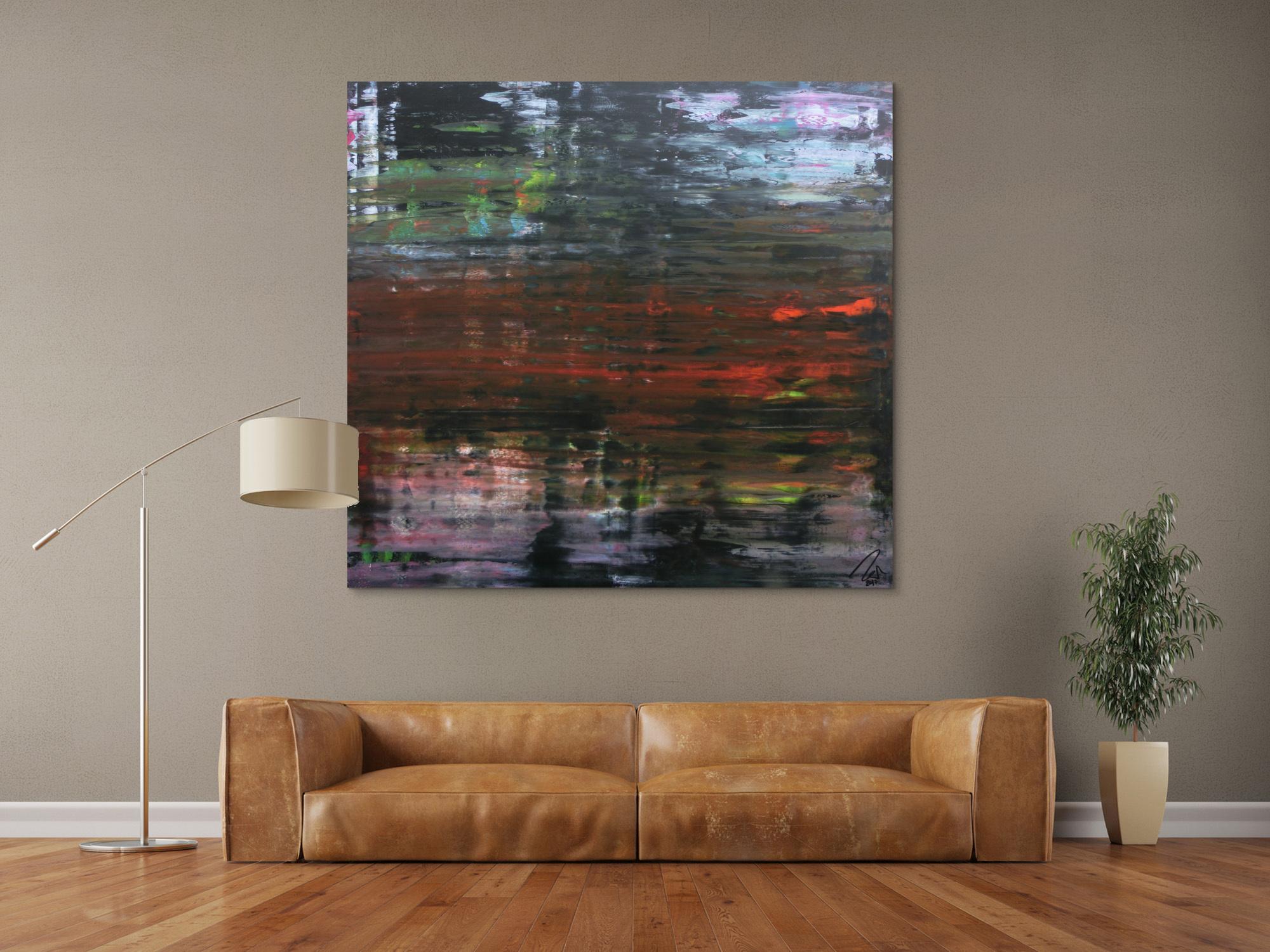 Modernes dunkels abstraktes Acrylbild in Spachteltechnik sehr modern in dunkel und bunt