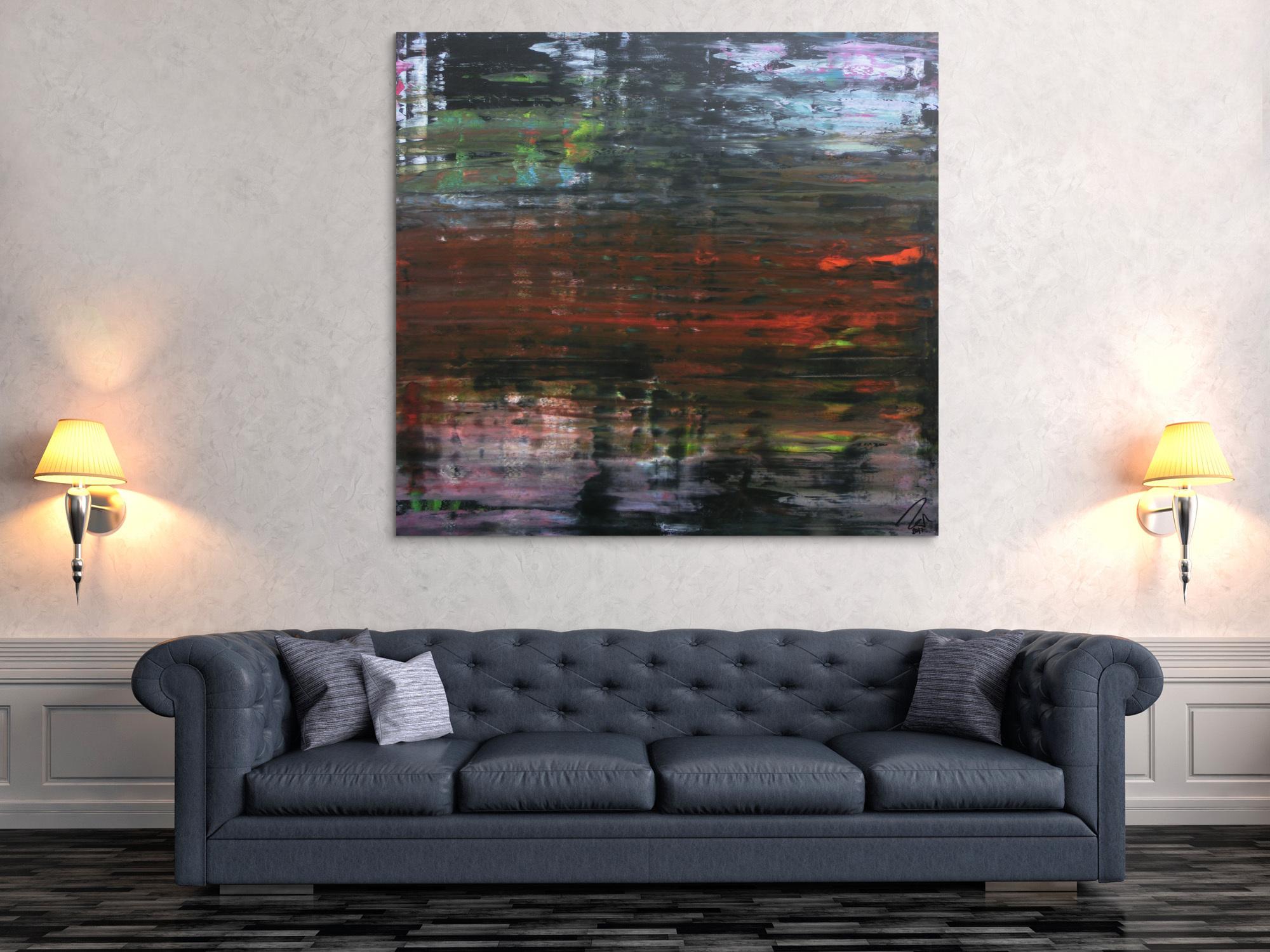 Modernes dunkels abstraktes Acrylbild in Spachteltechnik sehr modern in dunkel und bunt