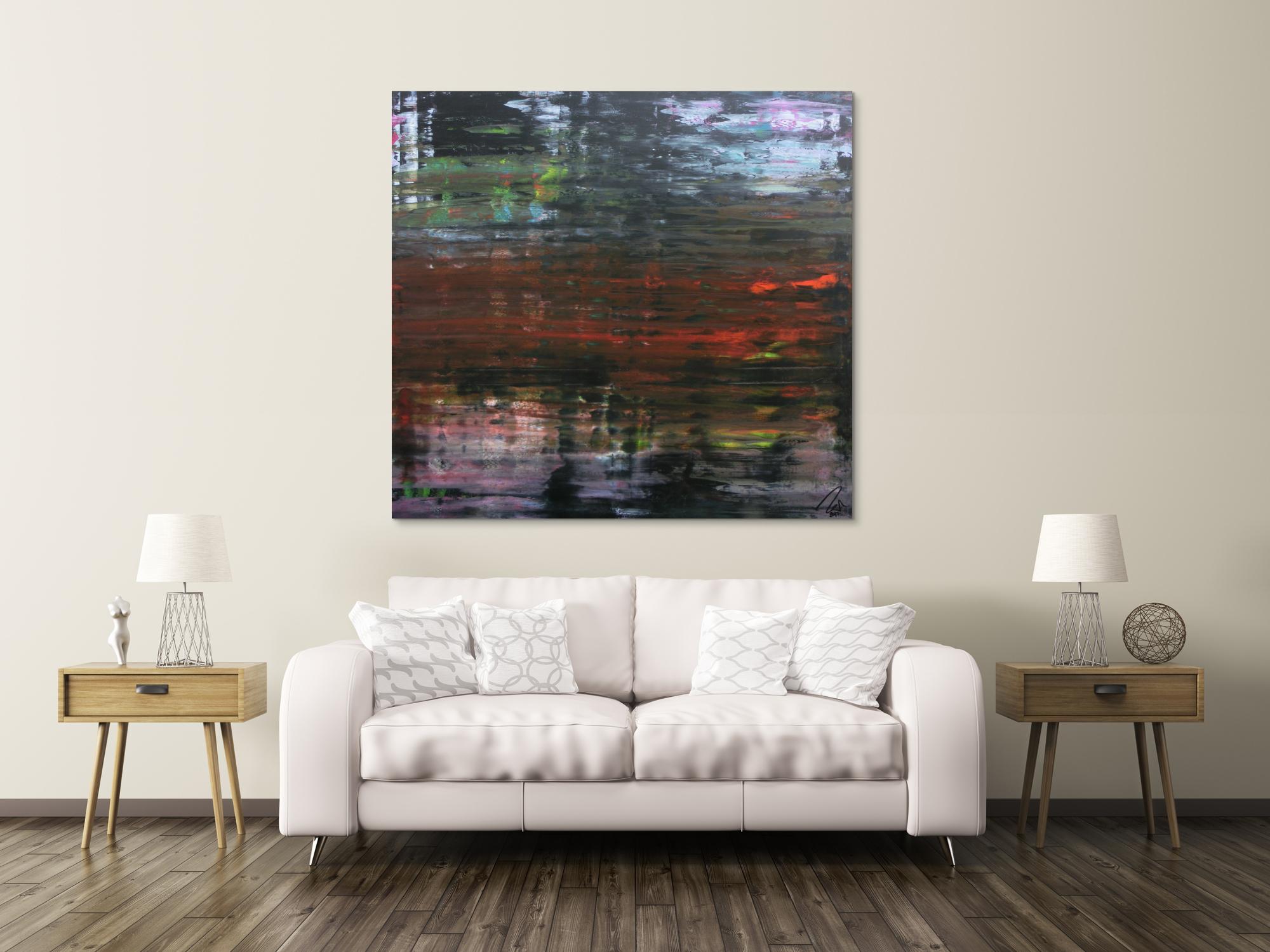 Modernes dunkels abstraktes Acrylbild in Spachteltechnik sehr modern in dunkel und bunt