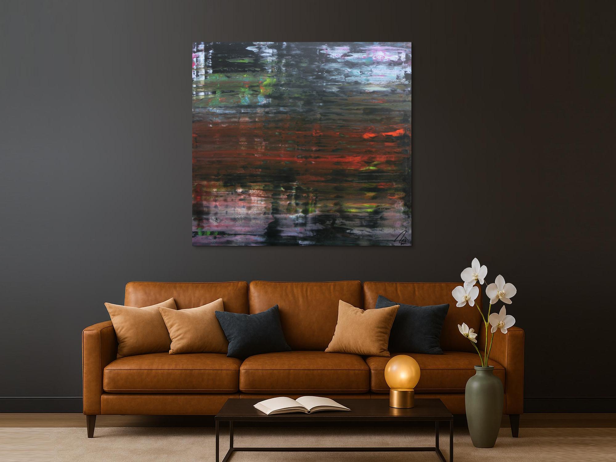 Modernes dunkels abstraktes Acrylbild in Spachteltechnik sehr modern in dunkel und bunt