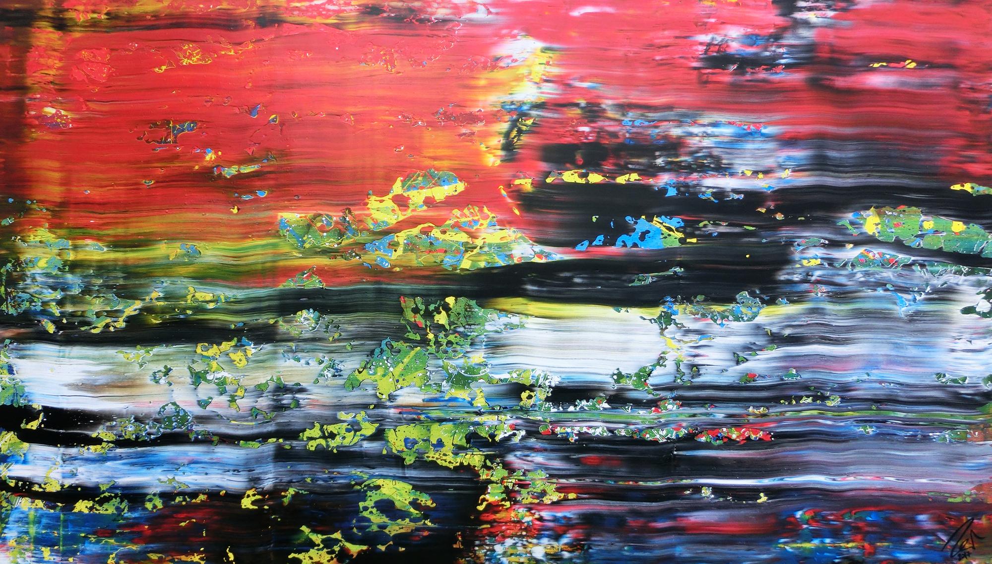 Abstraktes Acrylbild Spachteltechnik sehr bunt viel rot mit schwarz weiß blau gelb