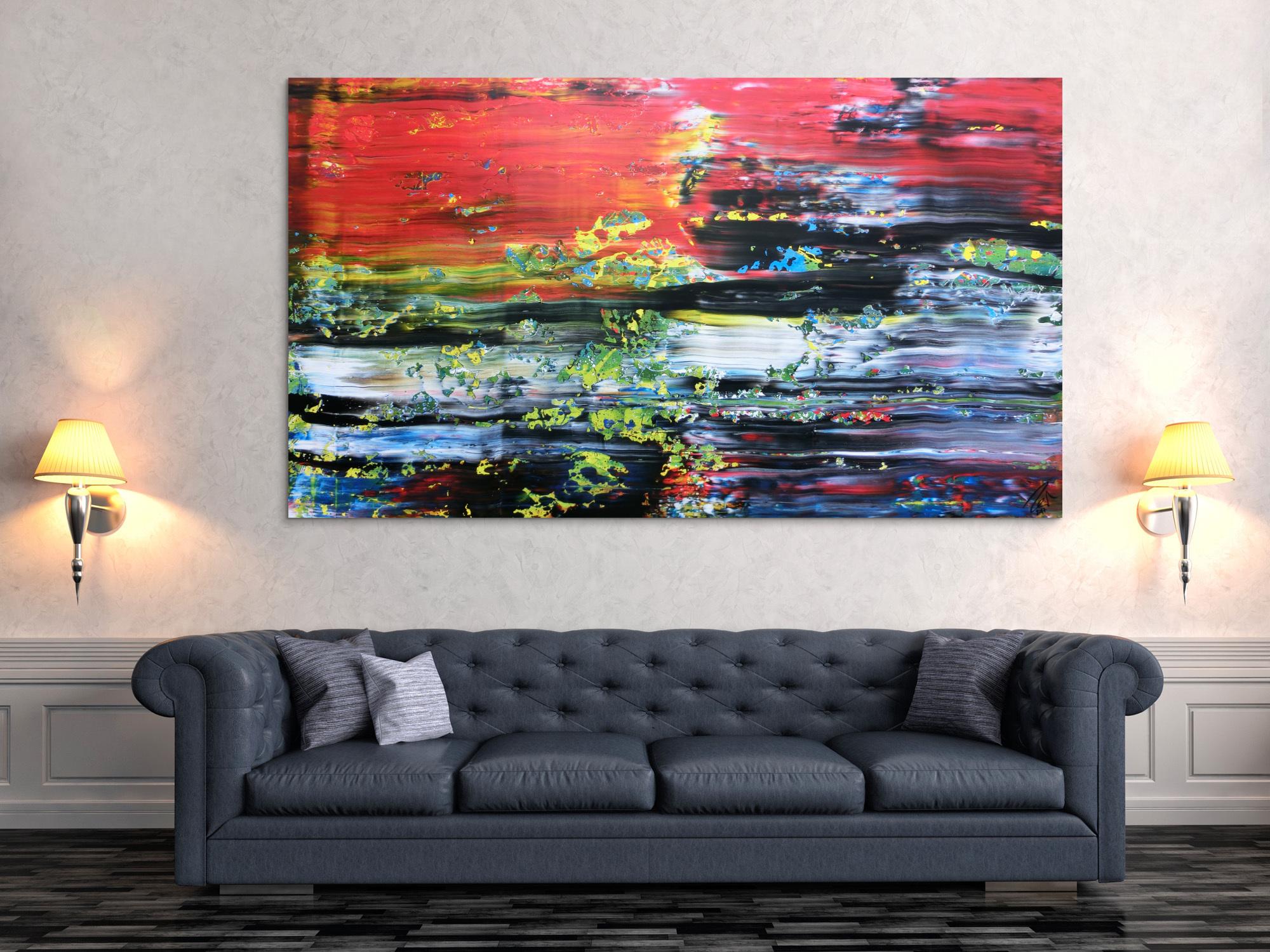 Abstraktes Acrylbild Spachteltechnik sehr bunt viel rot mit schwarz weiß blau gelb