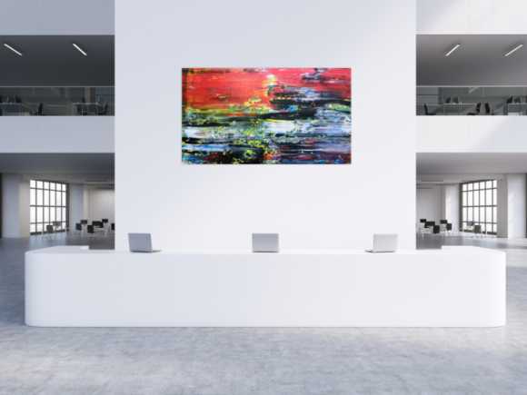 Abstraktes Acrylbild Spachteltechnik sehr bunt viel rot mit schwarz weiß blau gelb
