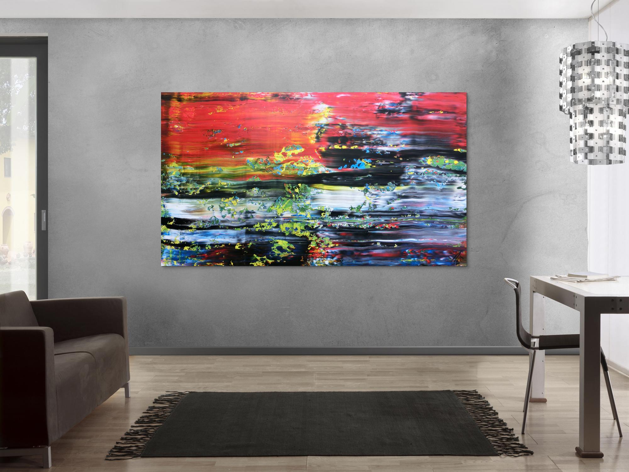 Abstraktes Acrylbild Spachteltechnik sehr bunt viel rot mit schwarz weiß blau gelb