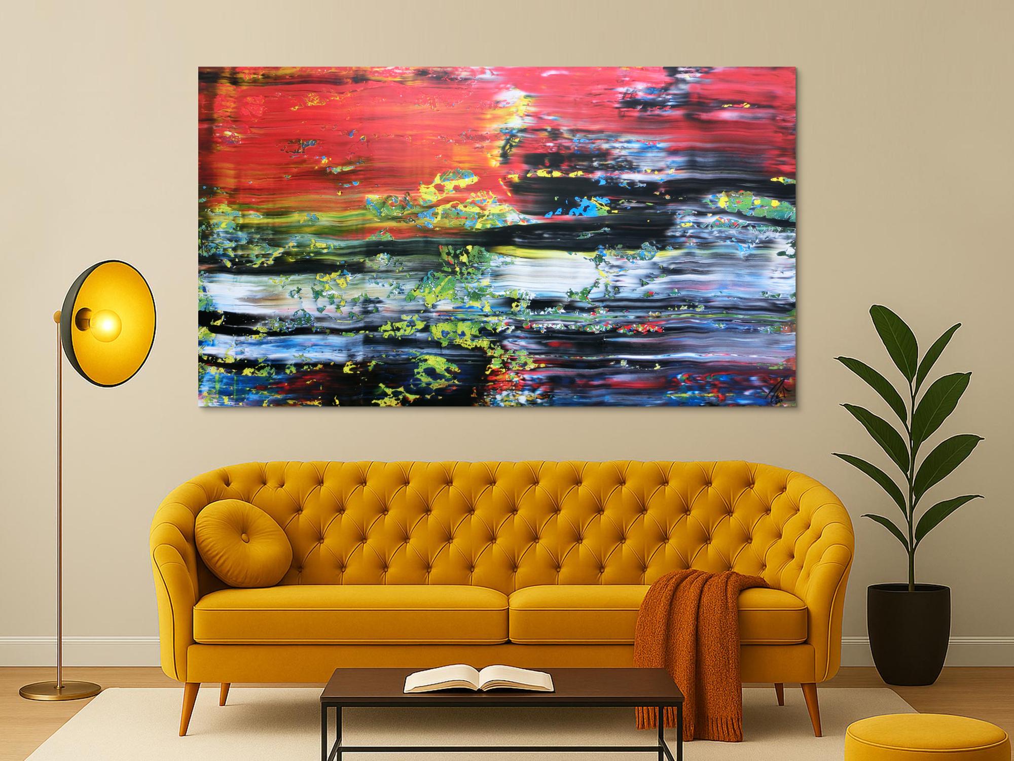 Abstraktes Acrylbild Spachteltechnik sehr bunt viel rot mit schwarz weiß blau gelb