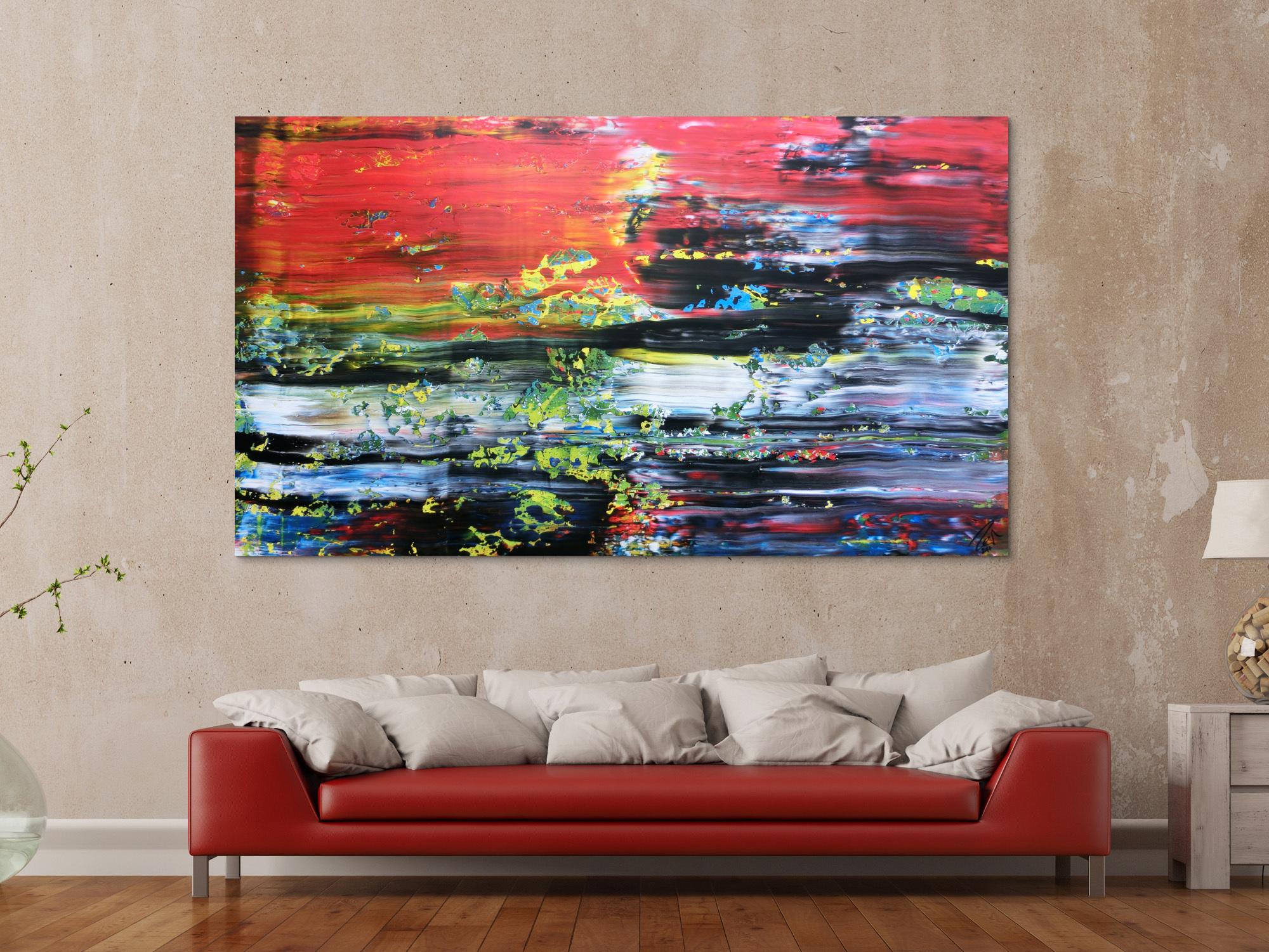 Abstraktes Acrylbild Spachteltechnik sehr bunt viel rot mit schwarz weiß blau gelb