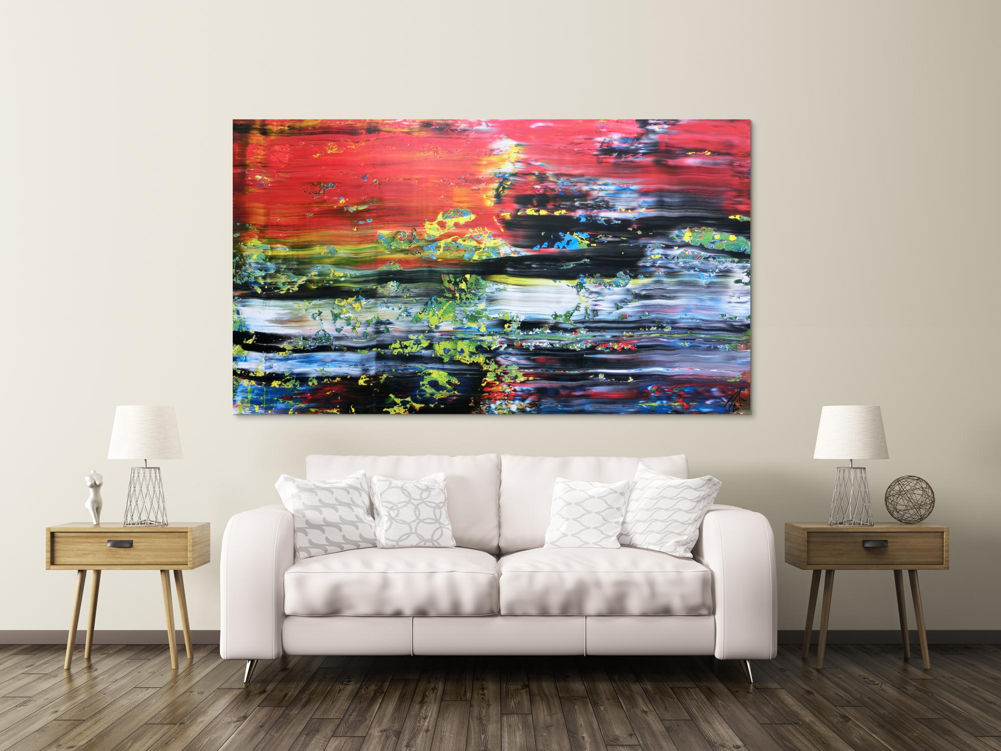 Abstraktes Acrylbild Spachteltechnik sehr bunt viel rot mit schwarz weiß blau gelb