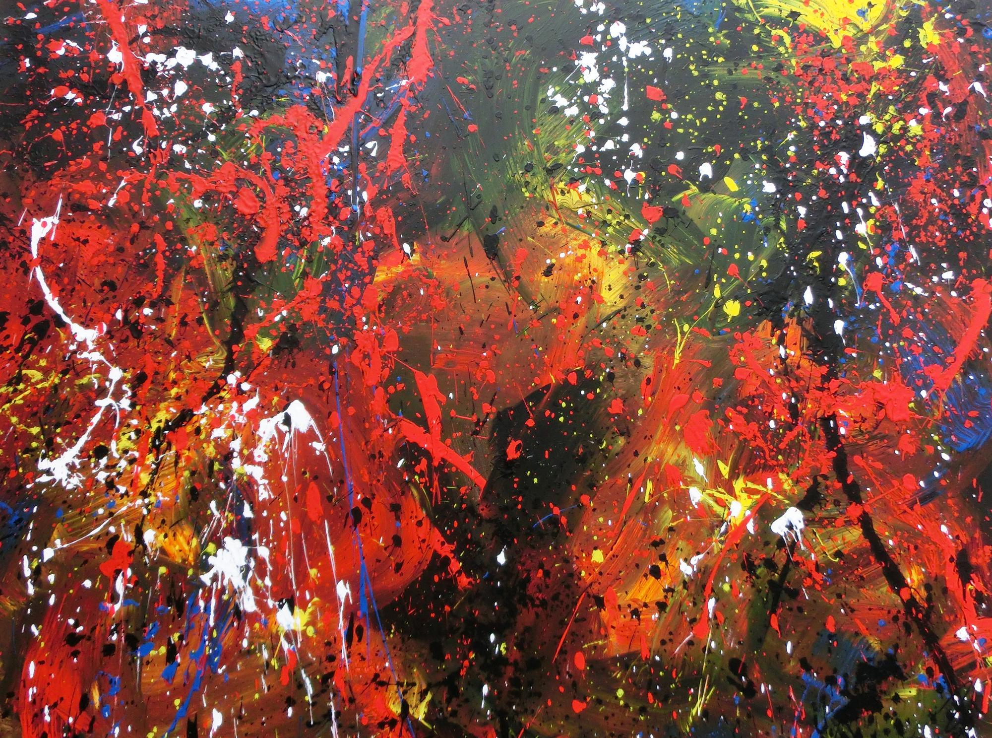 Abstraktes Acrylbild sehr bunt dunktle Farben Action Painting Splash Art