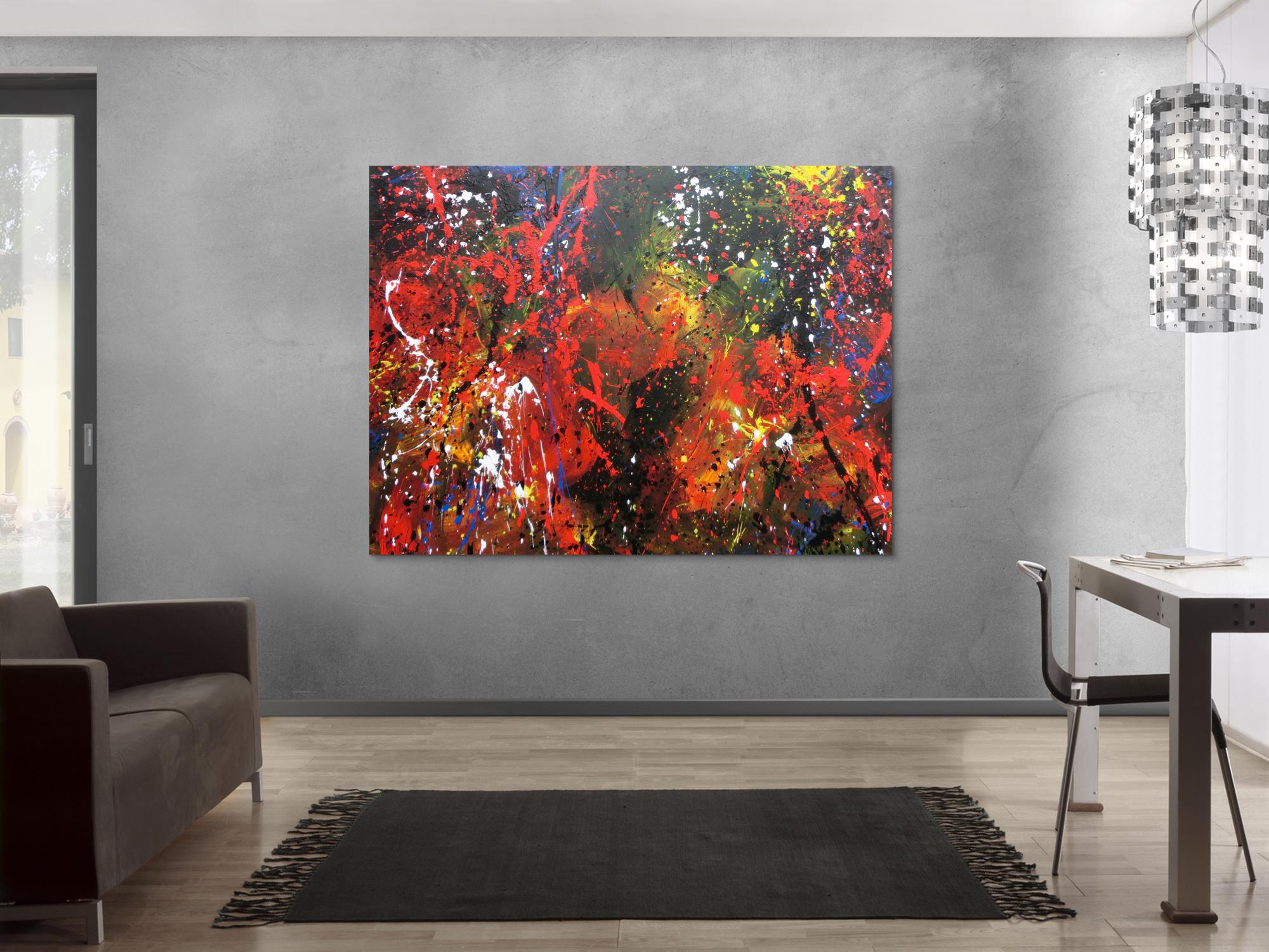 Abstraktes Acrylbild sehr bunt dunktle Farben Action Painting Splash Art