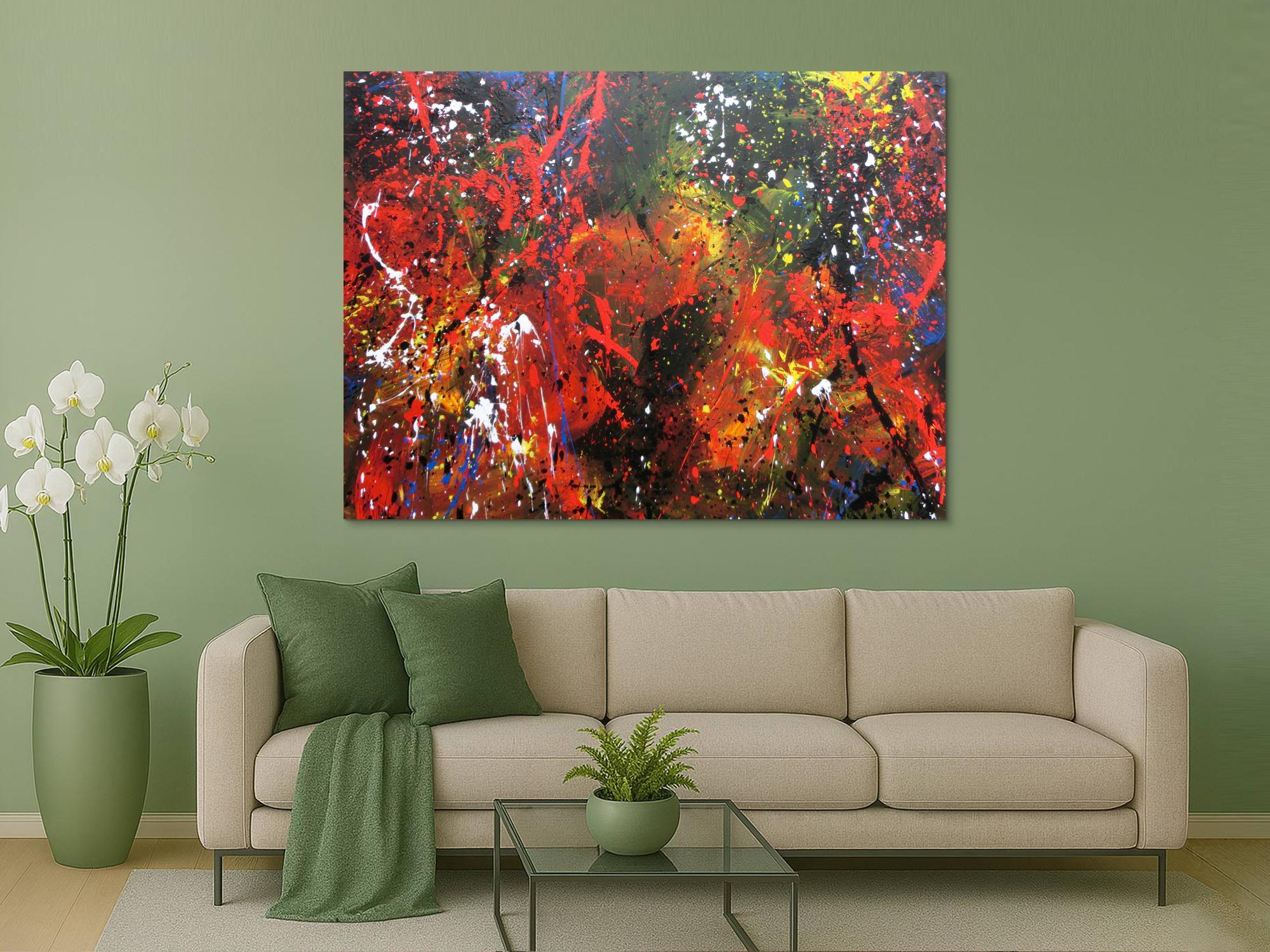 Abstraktes Acrylbild sehr bunt dunktle Farben Action Painting Splash Art