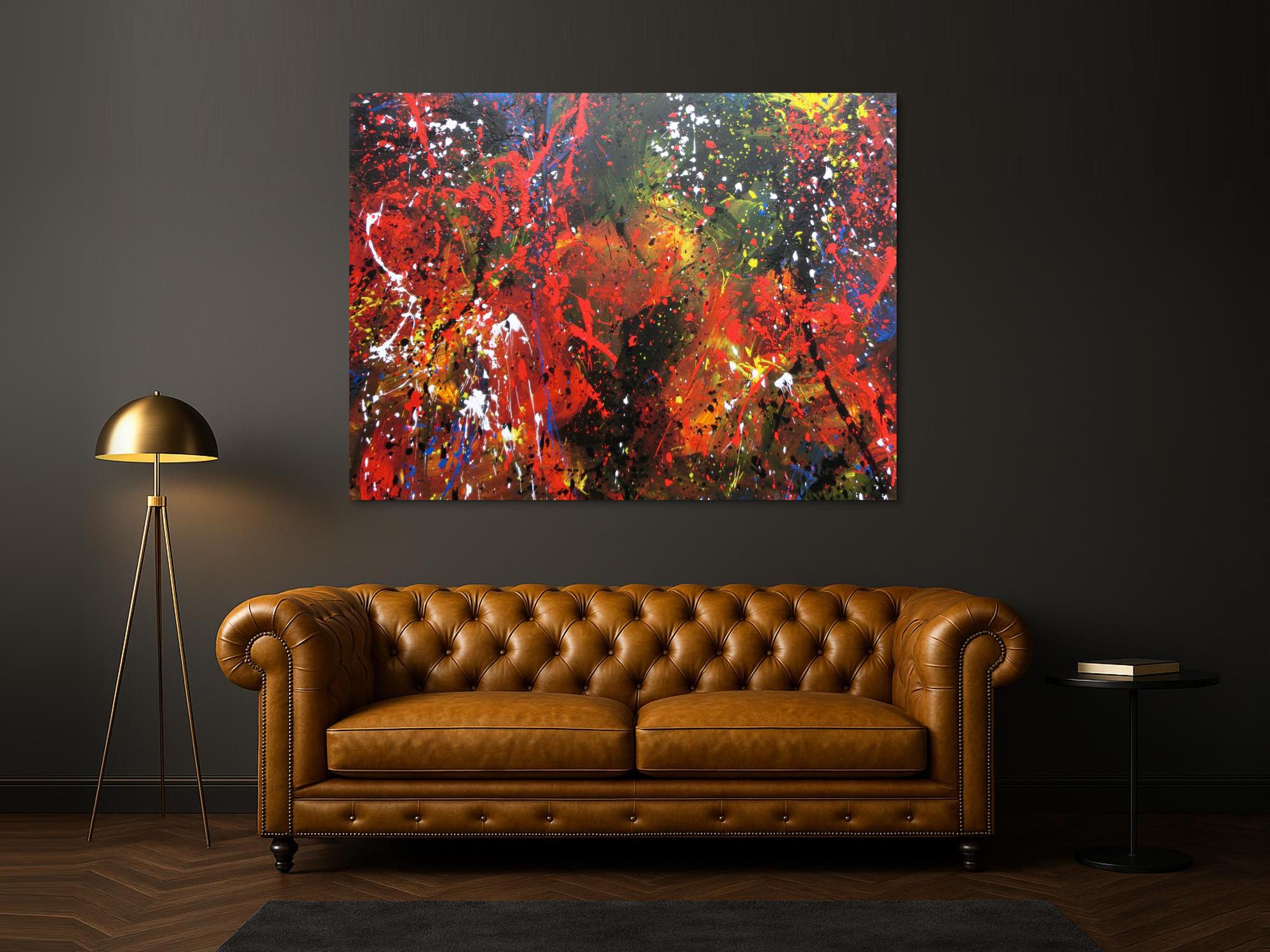 Abstraktes Acrylbild sehr bunt dunktle Farben Action Painting Splash Art