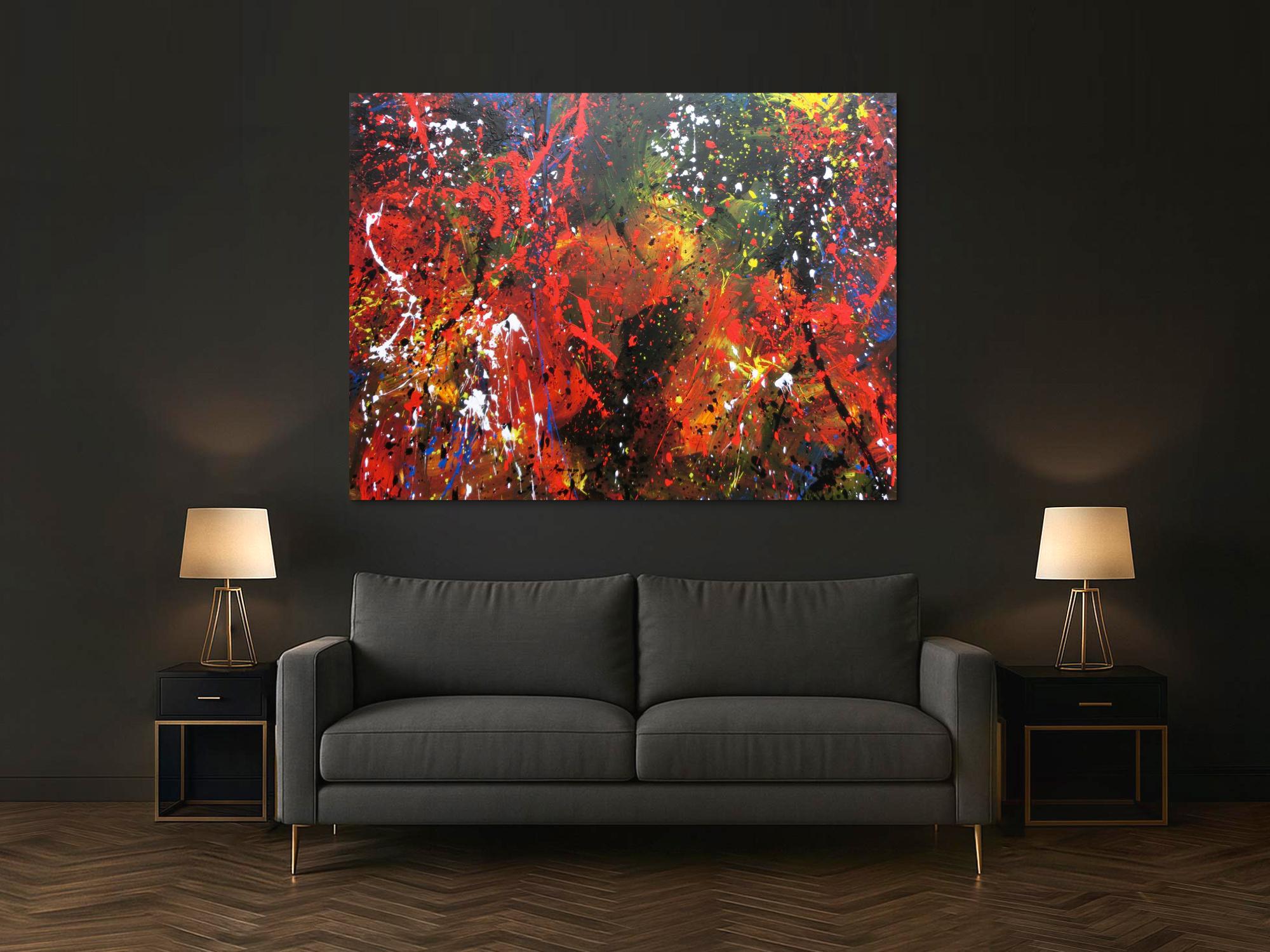 Abstraktes Acrylbild sehr bunt dunktle Farben Action Painting Splash Art