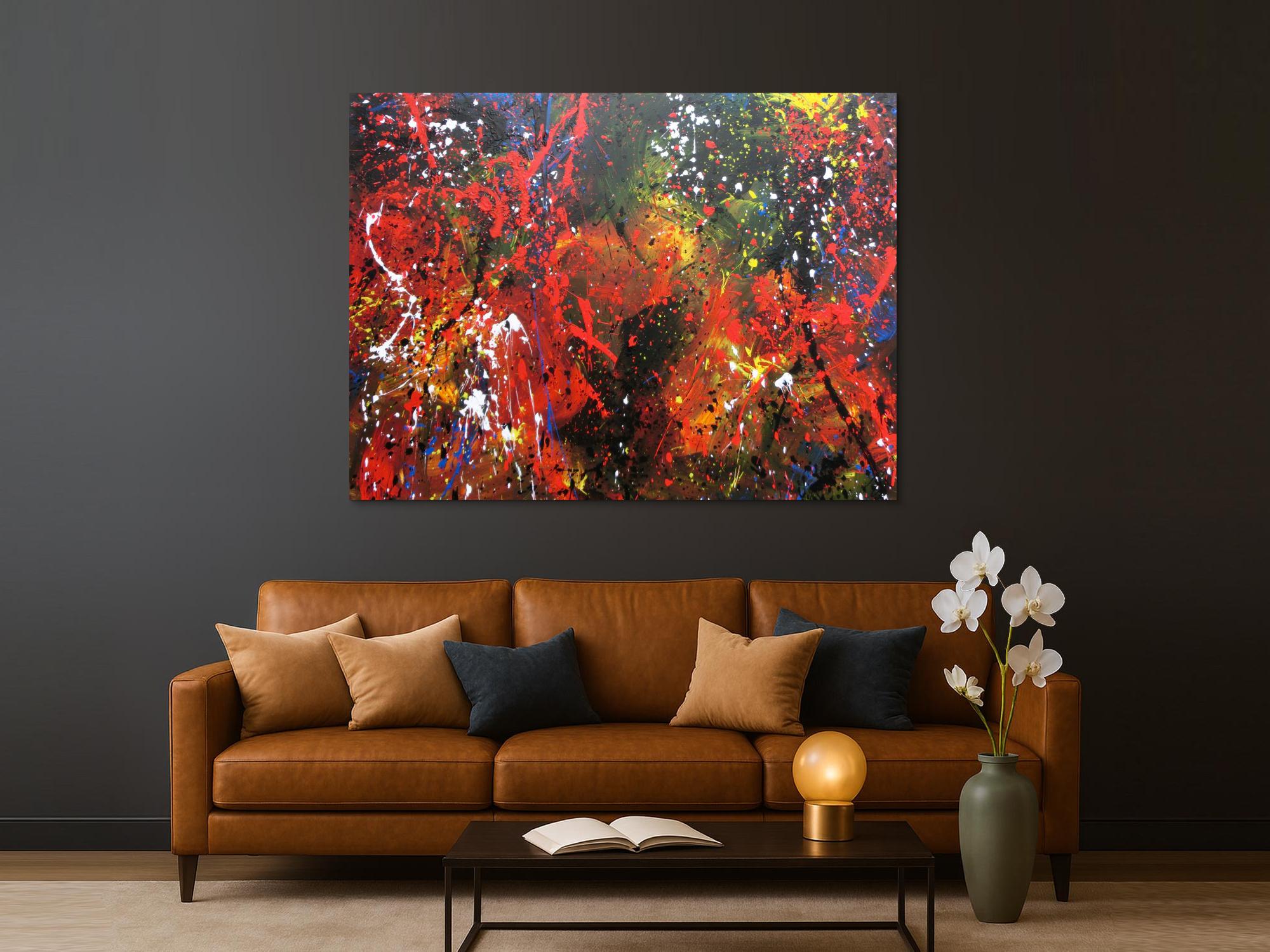 Abstraktes Acrylbild sehr bunt dunktle Farben Action Painting Splash Art