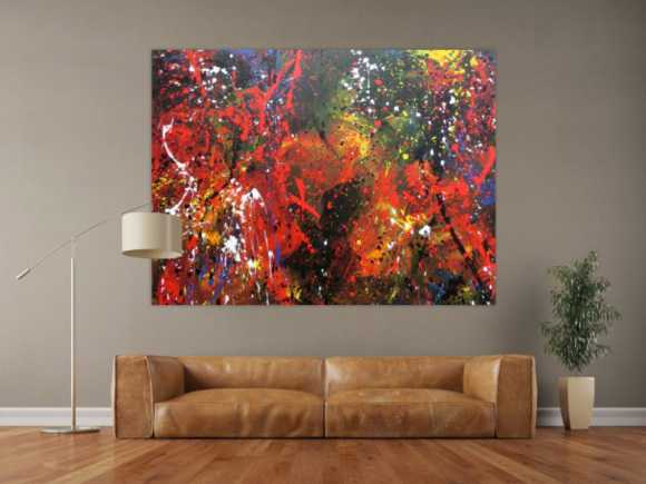 Abstraktes Acrylbild sehr bunt dunktle Farben Action Painting Splash Art