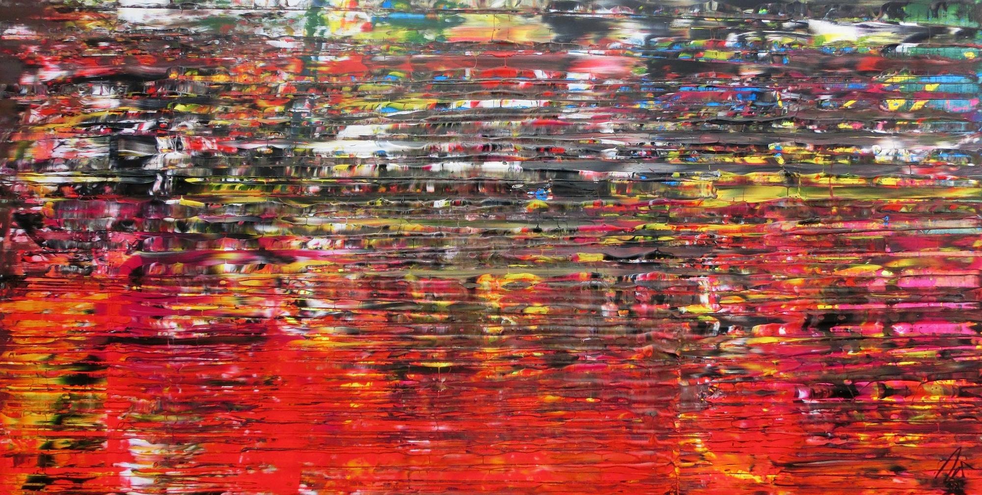 Abstraktes Acrylbild sehr modern in Spachteltechnik bunt viele Farben viel rot