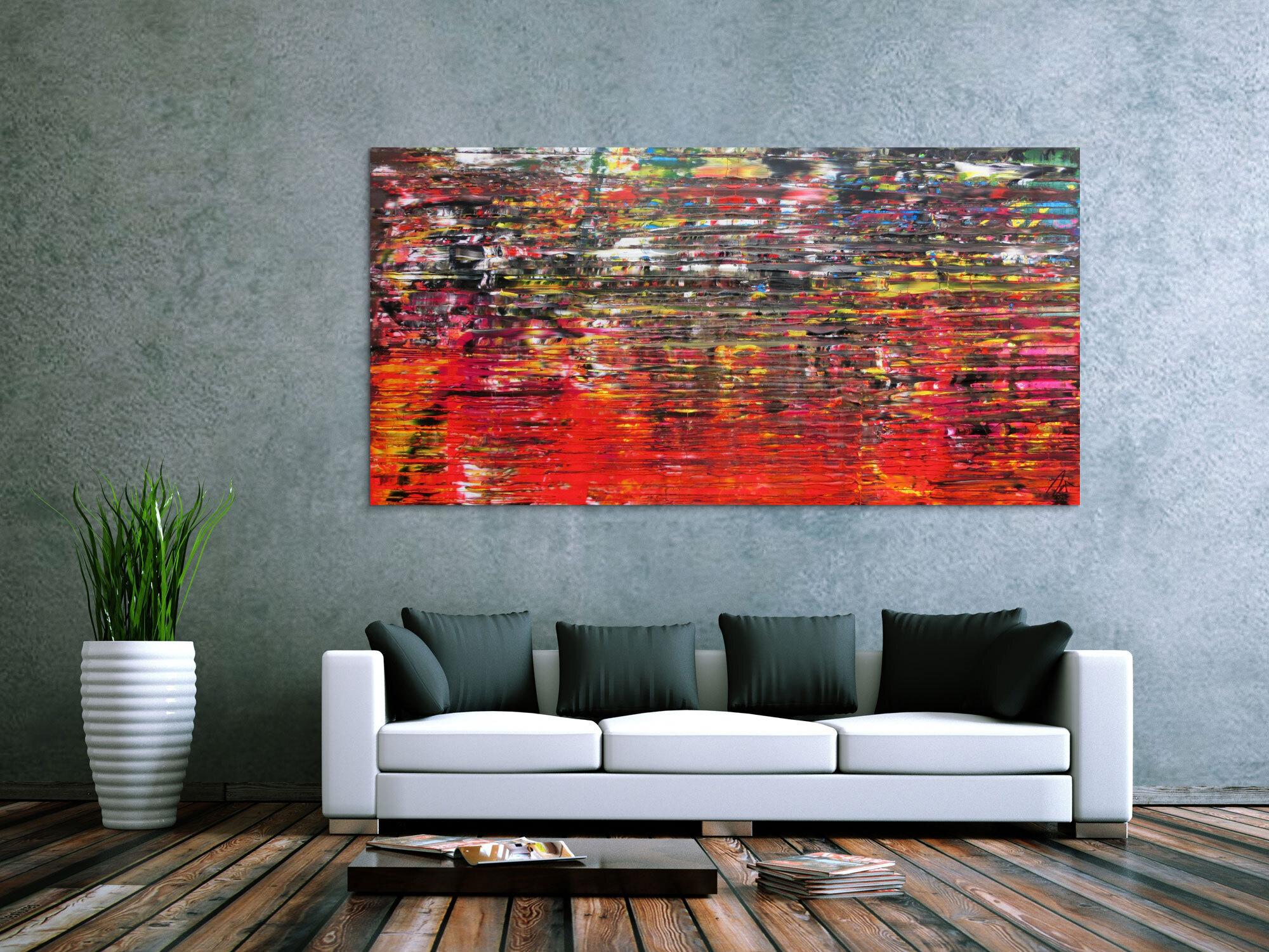 Abstraktes Acrylbild sehr modern in Spachteltechnik bunt viele Farben viel rot