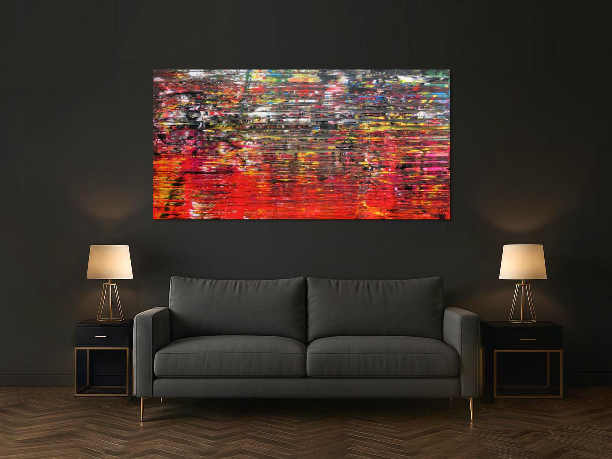 Abstraktes Acrylbild sehr modern in Spachteltechnik bunt viele Farben viel rot