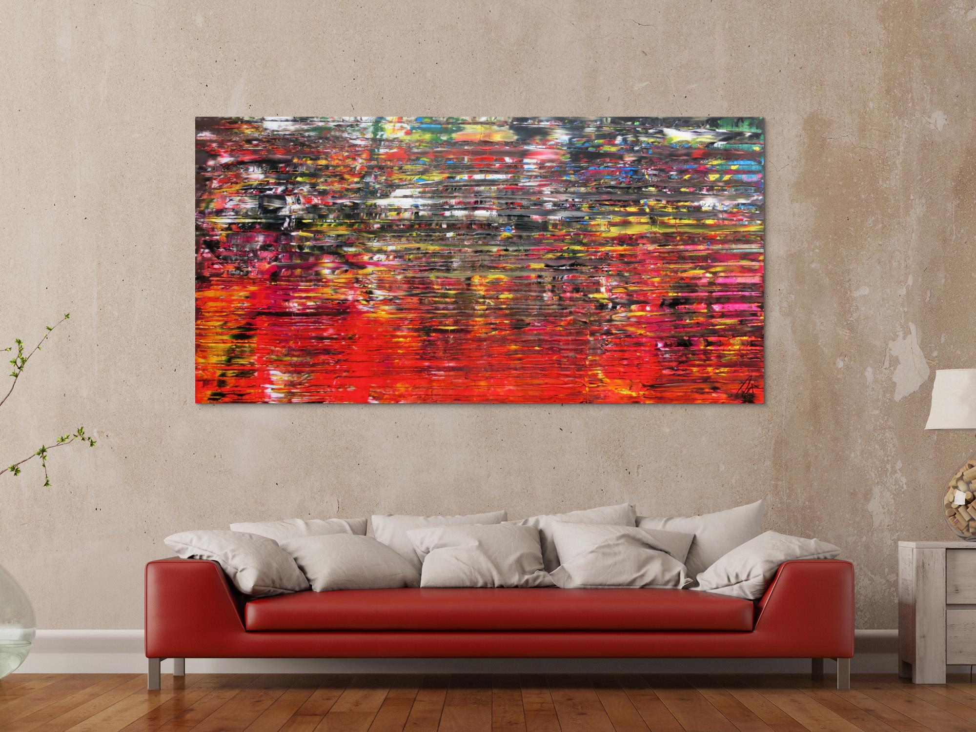 Abstraktes Acrylbild sehr modern in Spachteltechnik bunt viele Farben viel rot