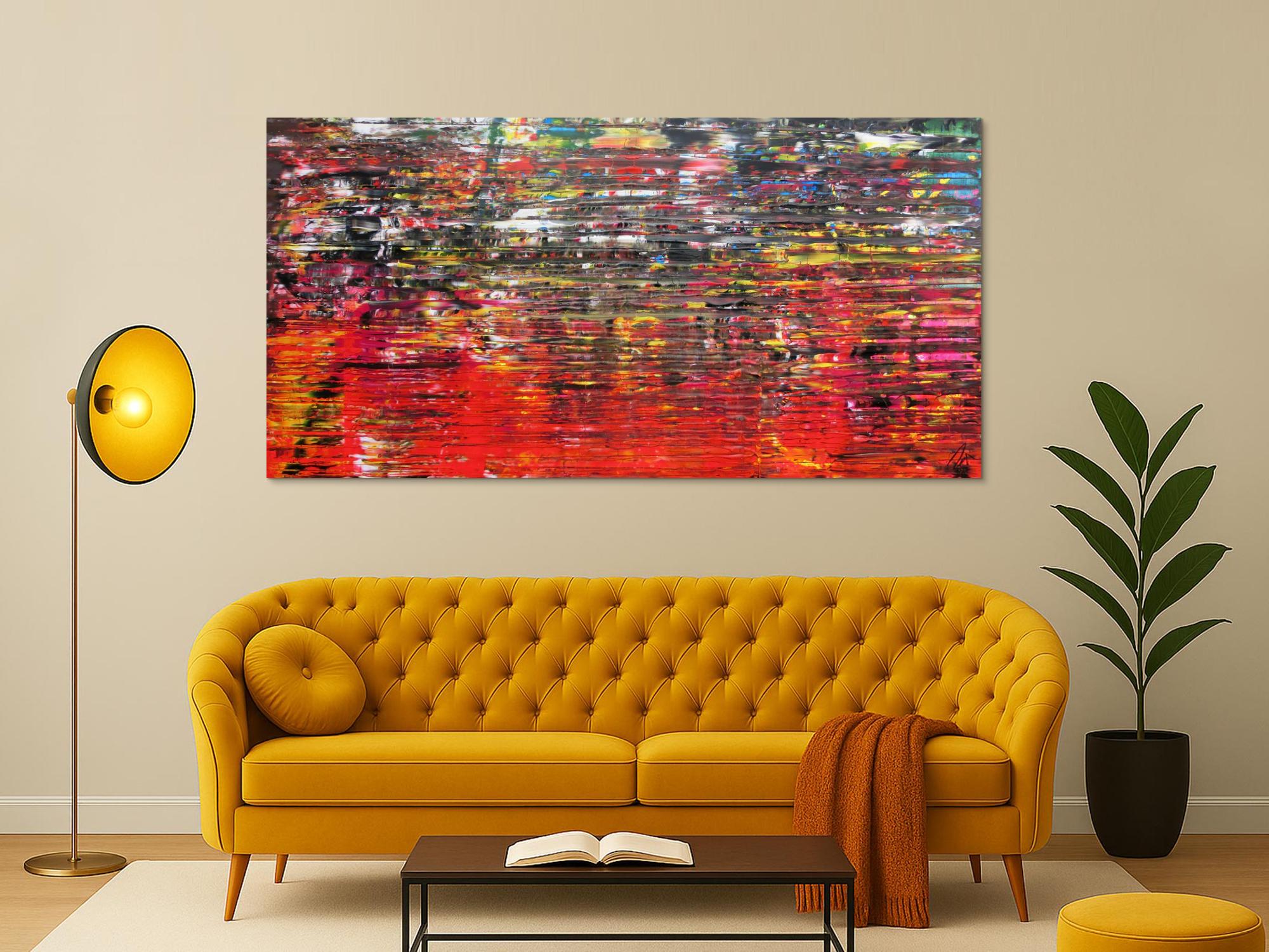 Abstraktes Acrylbild sehr modern in Spachteltechnik bunt viele Farben viel rot