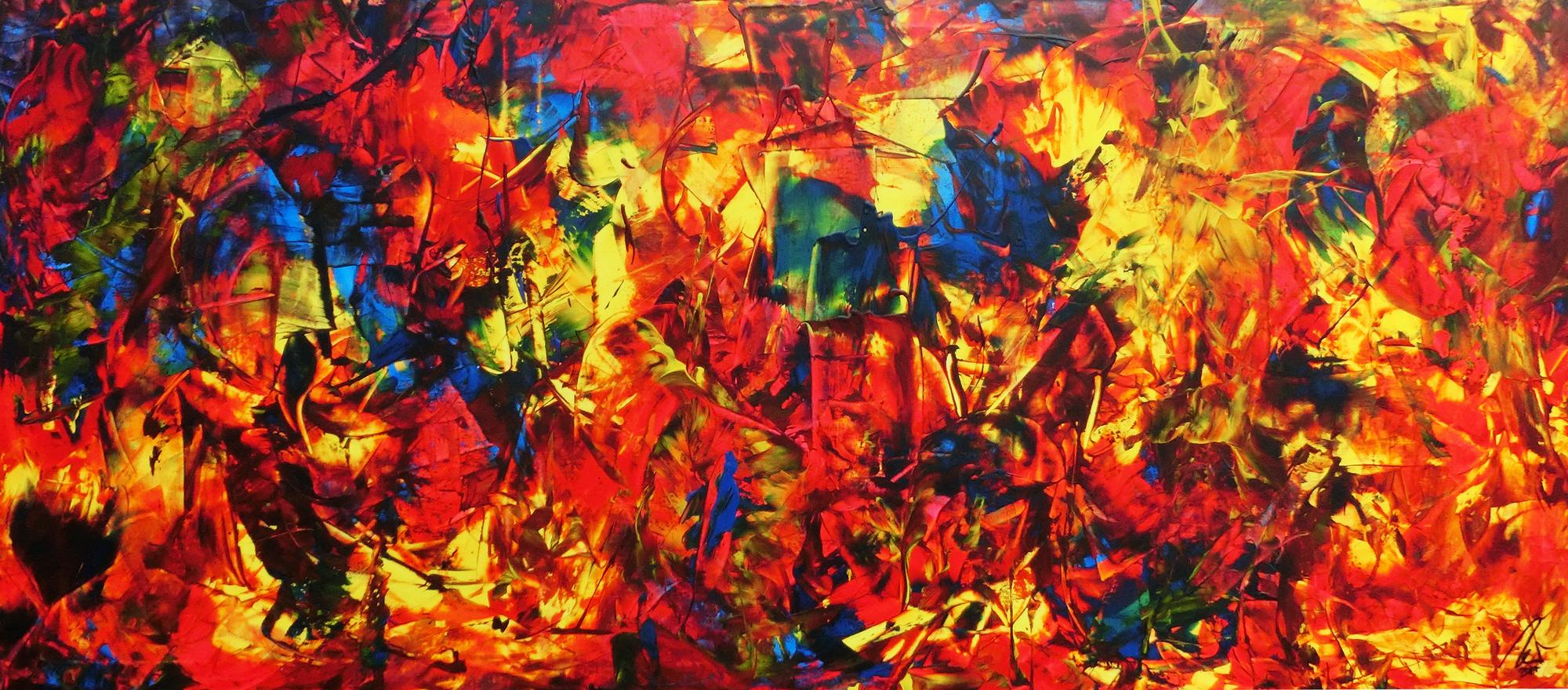 Abstraktes Acrylbild Spachteltechnik sehr modern viele Farben rot blau gelb bunt