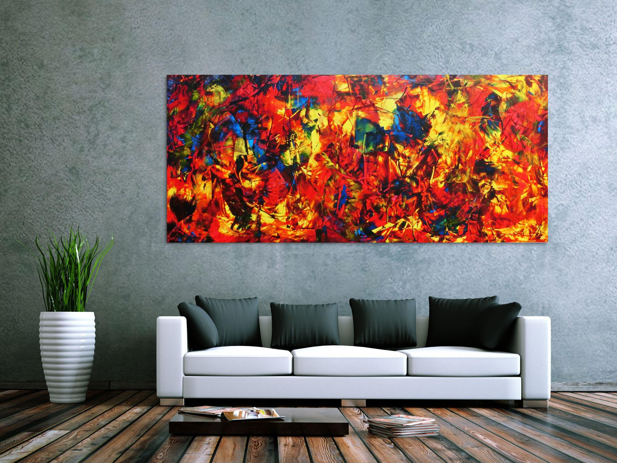 Abstraktes Acrylbild Spachteltechnik sehr modern viele Farben rot blau gelb bunt