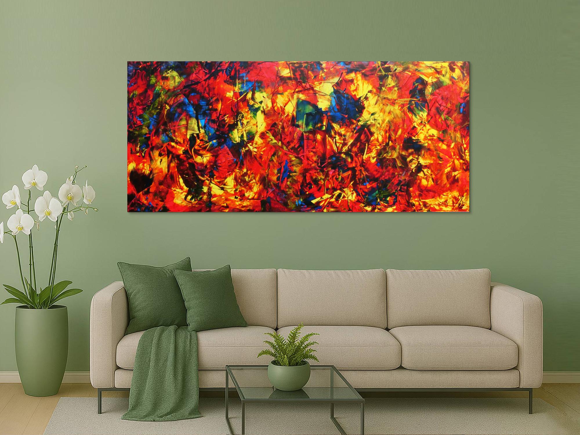 Abstraktes Acrylbild Spachteltechnik sehr modern viele Farben rot blau gelb bunt