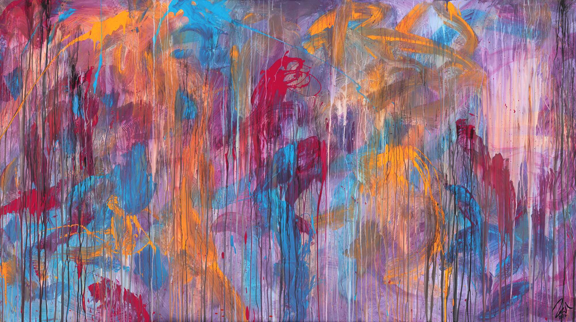 Abstraktes Acrylbild Mischtechnik sehr modern groß in lila violett orange