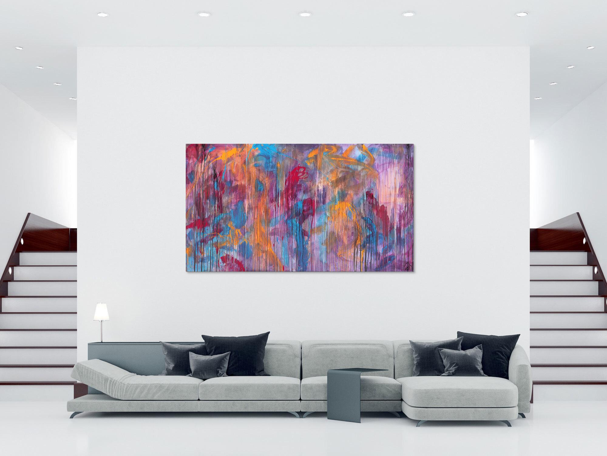 Abstraktes Acrylbild Mischtechnik sehr modern groß in lila violett orange