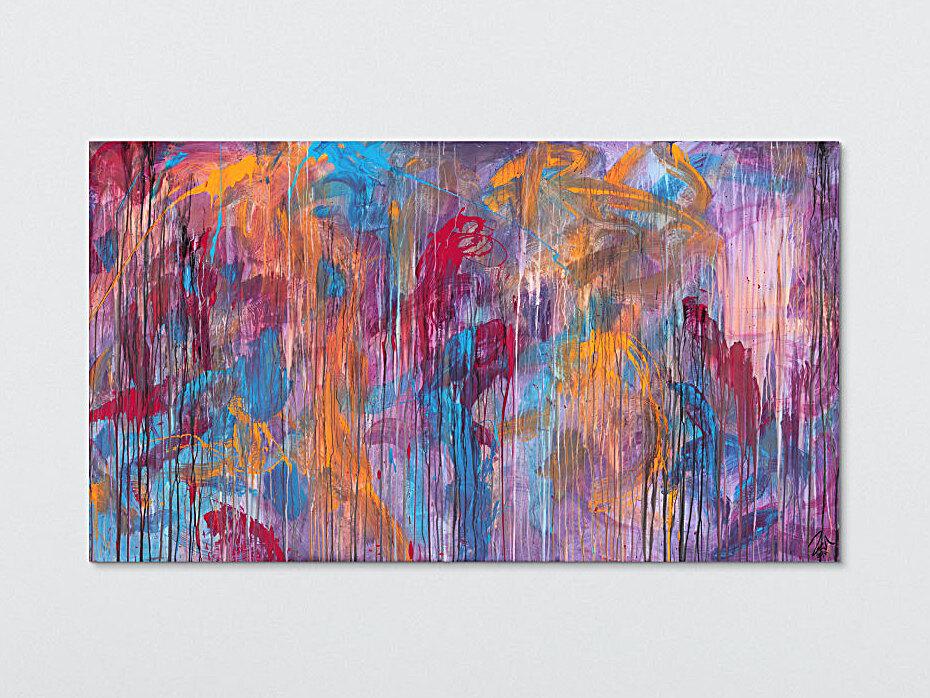 Abstraktes Acrylbild Mischtechnik sehr modern groß in lila violett orange