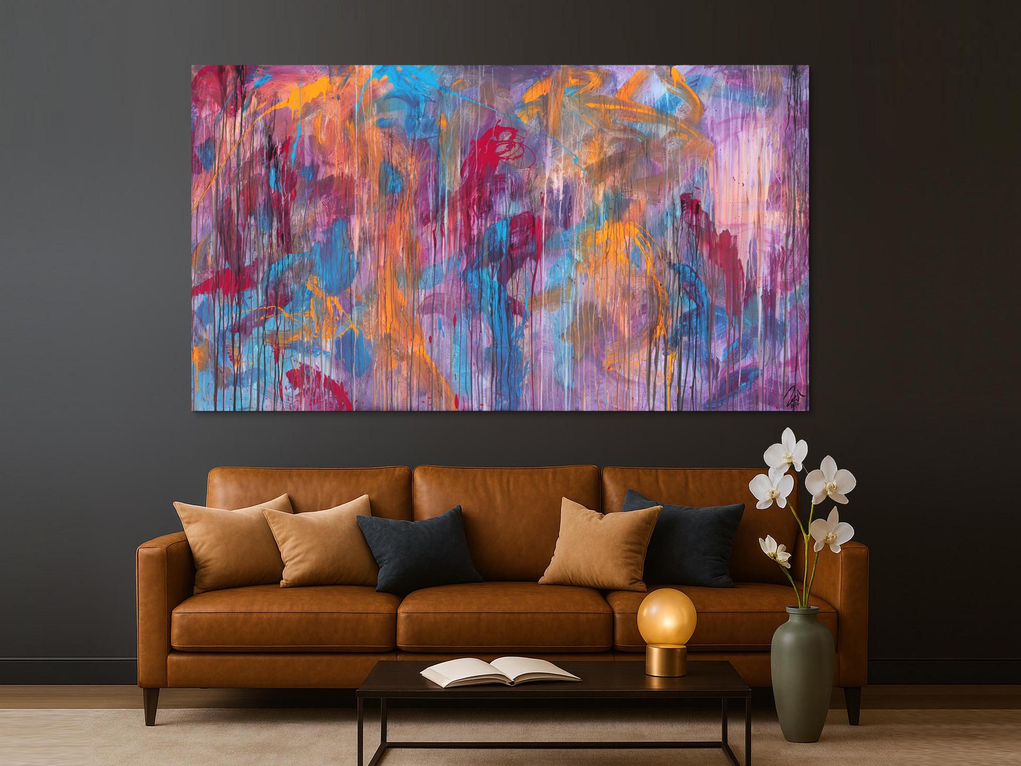 Abstraktes Acrylbild Mischtechnik sehr modern groß in lila violett orange