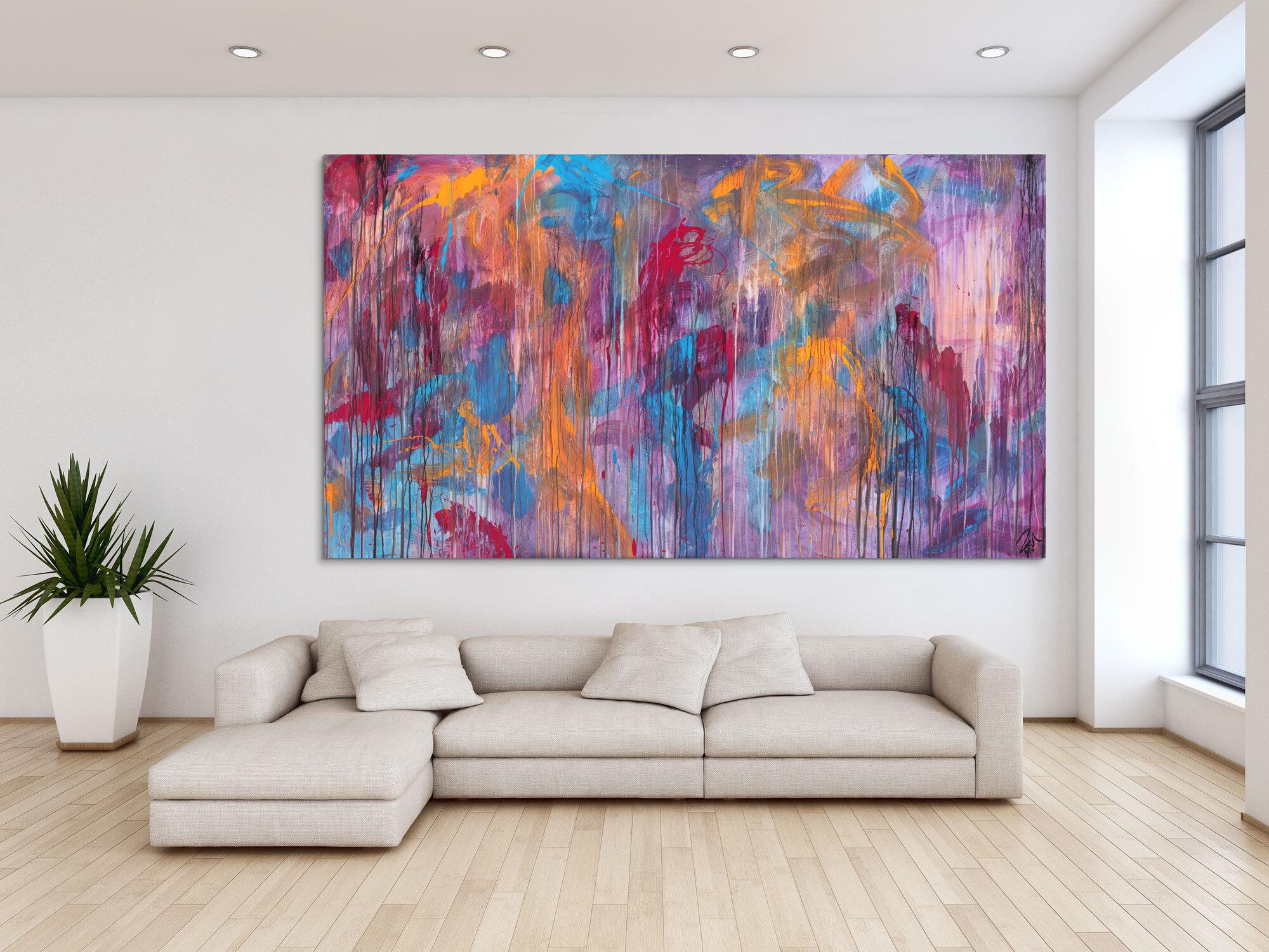 Abstraktes Acrylbild Mischtechnik sehr modern groß in lila violett orange