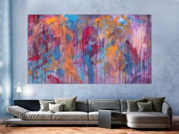 Abstraktes Acrylbild Mischtechnik sehr modern groß in lila violett orange