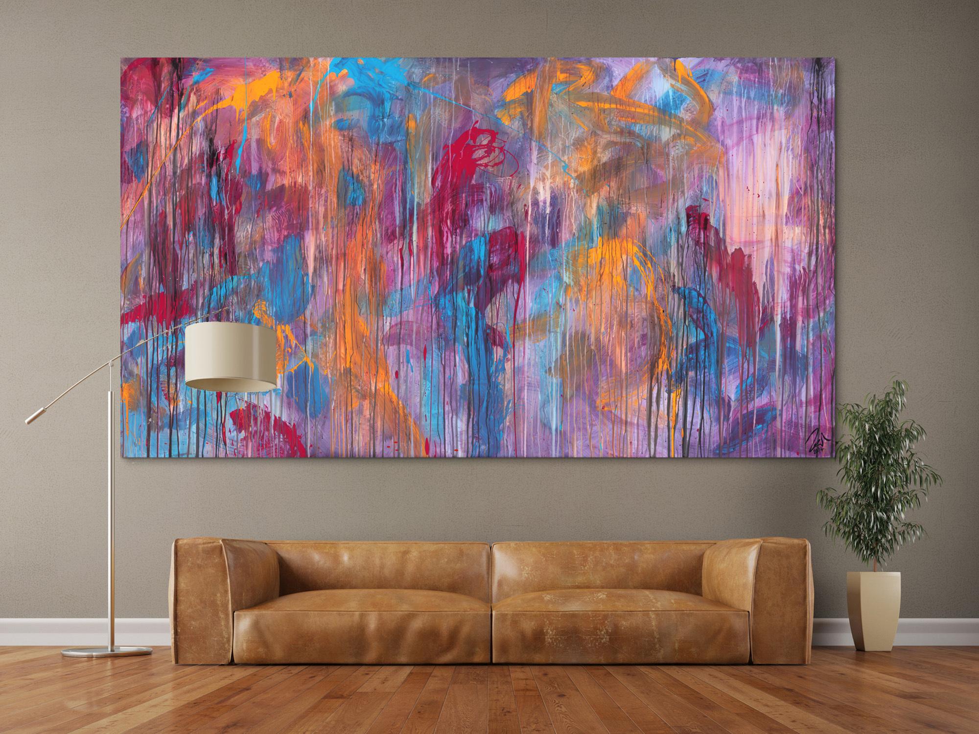 Abstraktes Acrylbild Mischtechnik sehr modern groß in lila violett orange