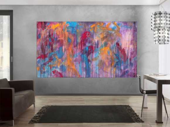 Abstraktes Acrylbild Mischtechnik sehr modern groß in lila violett orange