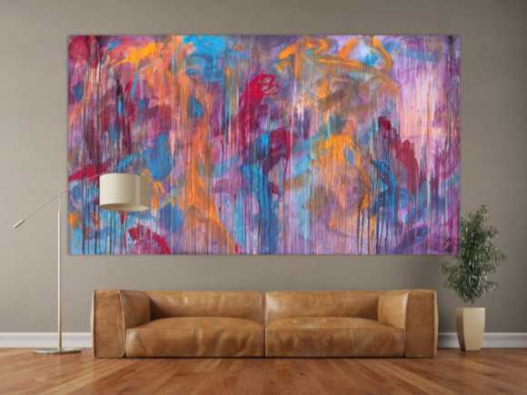 Abstraktes Acrylbild Mischtechnik sehr modern groß in lila violett orange