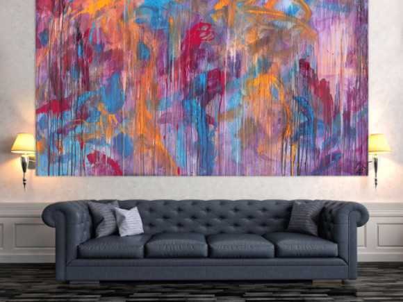 Abstraktes Acrylbild Mischtechnik sehr modern groß in lila violett orange