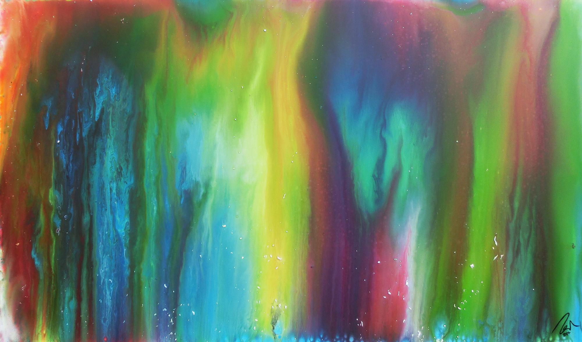Abstraktes Acrylbild Fliesstechnik sehr bunt modern zeitgenössisch Fluid Painting