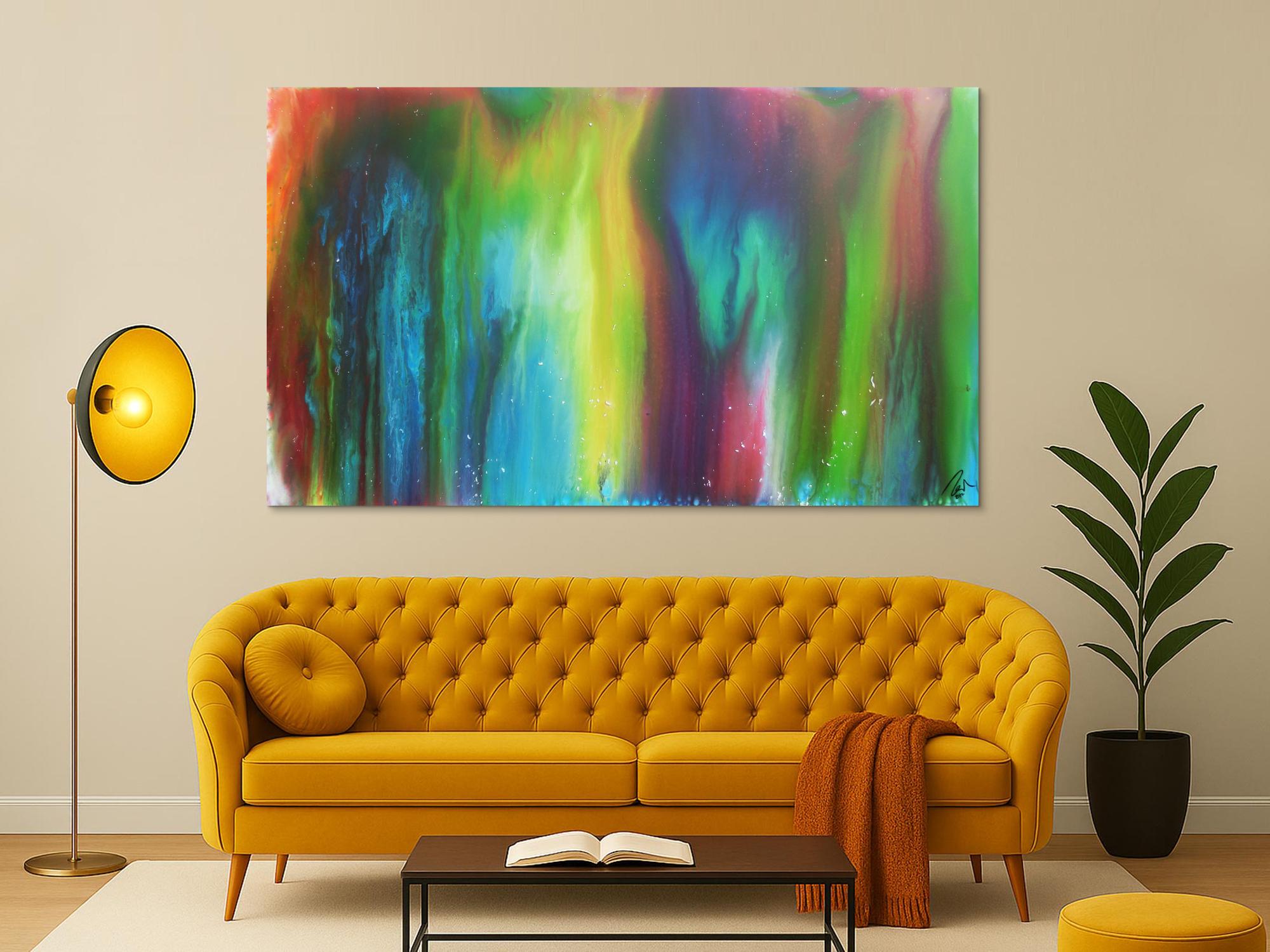 Abstraktes Acrylbild Fliesstechnik sehr bunt modern zeitgenössisch Fluid Painting