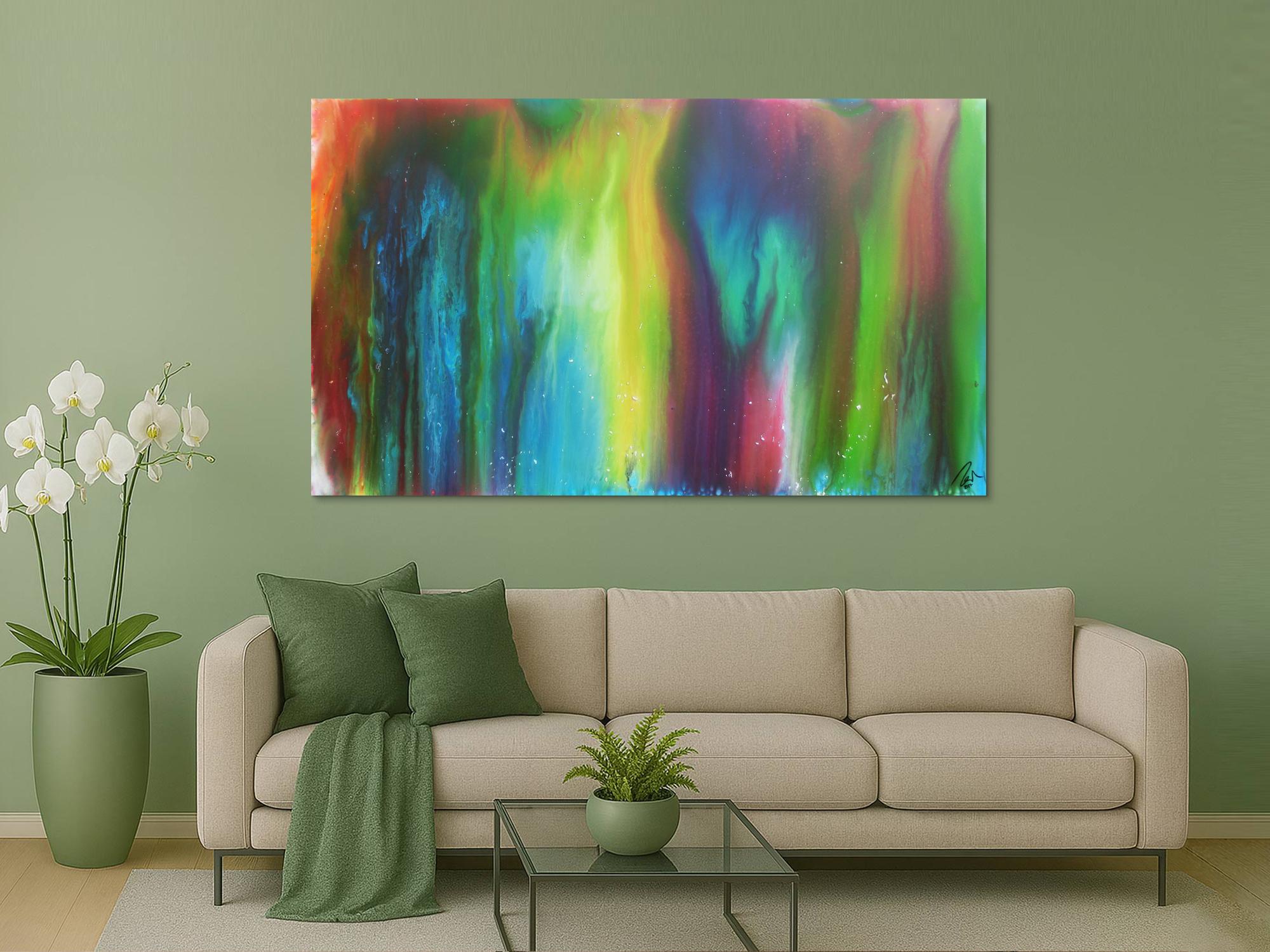 Abstraktes Acrylbild Fliesstechnik sehr bunt modern zeitgenössisch Fluid Painting