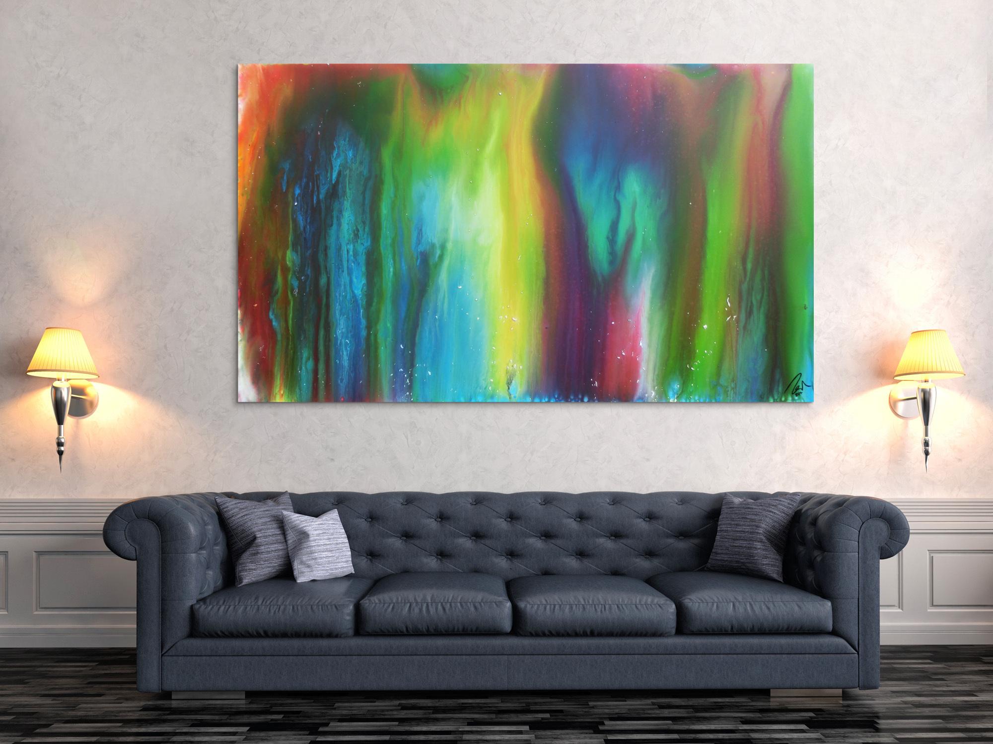 Abstraktes Acrylbild Fliesstechnik sehr bunt modern zeitgenössisch Fluid Painting