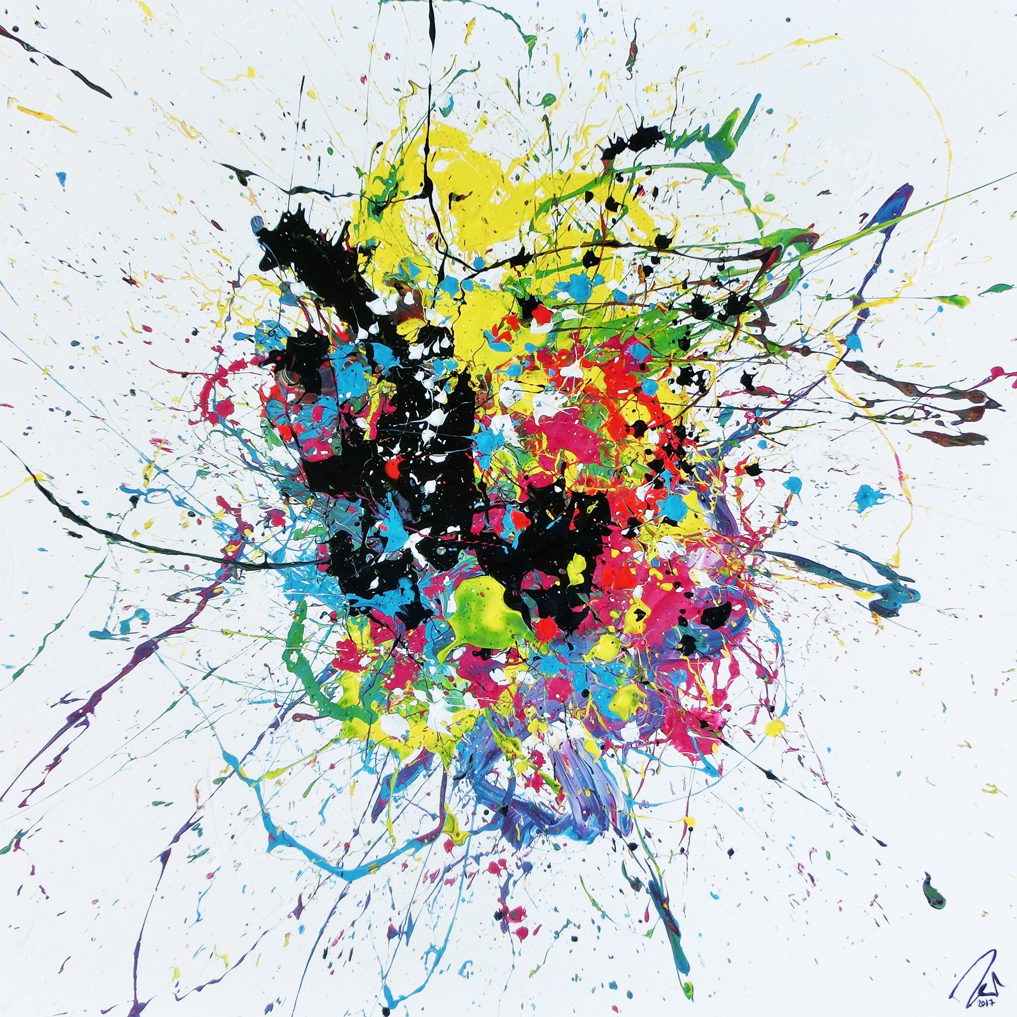 Abstraktes Acrylbild sehr bunt auf weißtem Hintergrund modern Action Painting expressionistisch Splash Art
