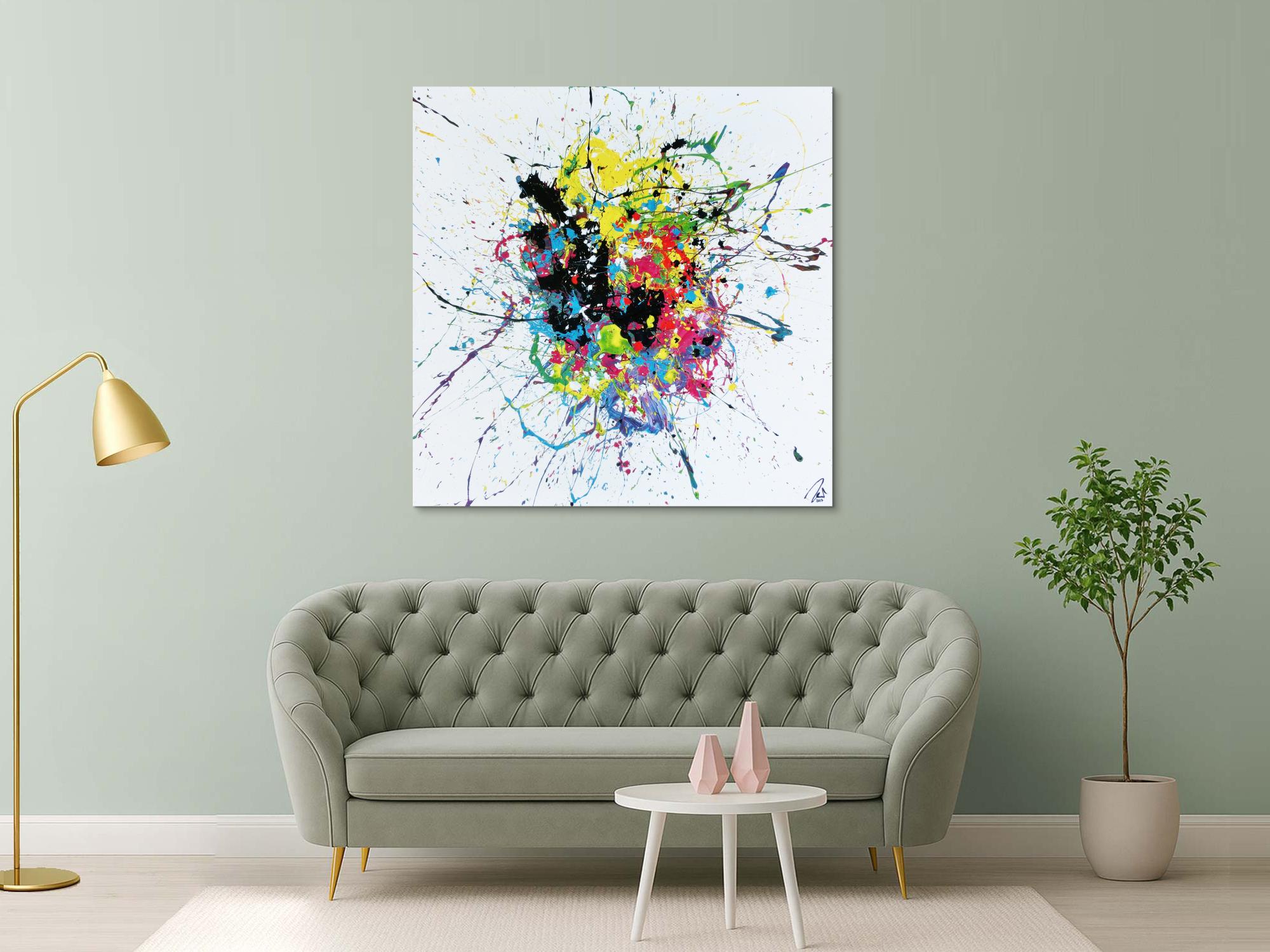 Abstraktes Acrylbild sehr bunt auf weißtem Hintergrund modern Action Painting expressionistisch Splash Art