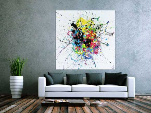 Abstraktes Acrylbild sehr bunt auf weißtem Hintergrund modern Action Painting expressionistisch Splash Art