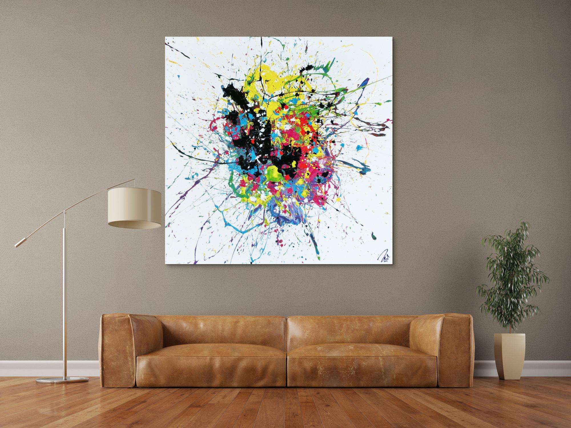 Abstraktes Acrylbild sehr bunt auf weißtem Hintergrund modern Action Painting expressionistisch Splash Art