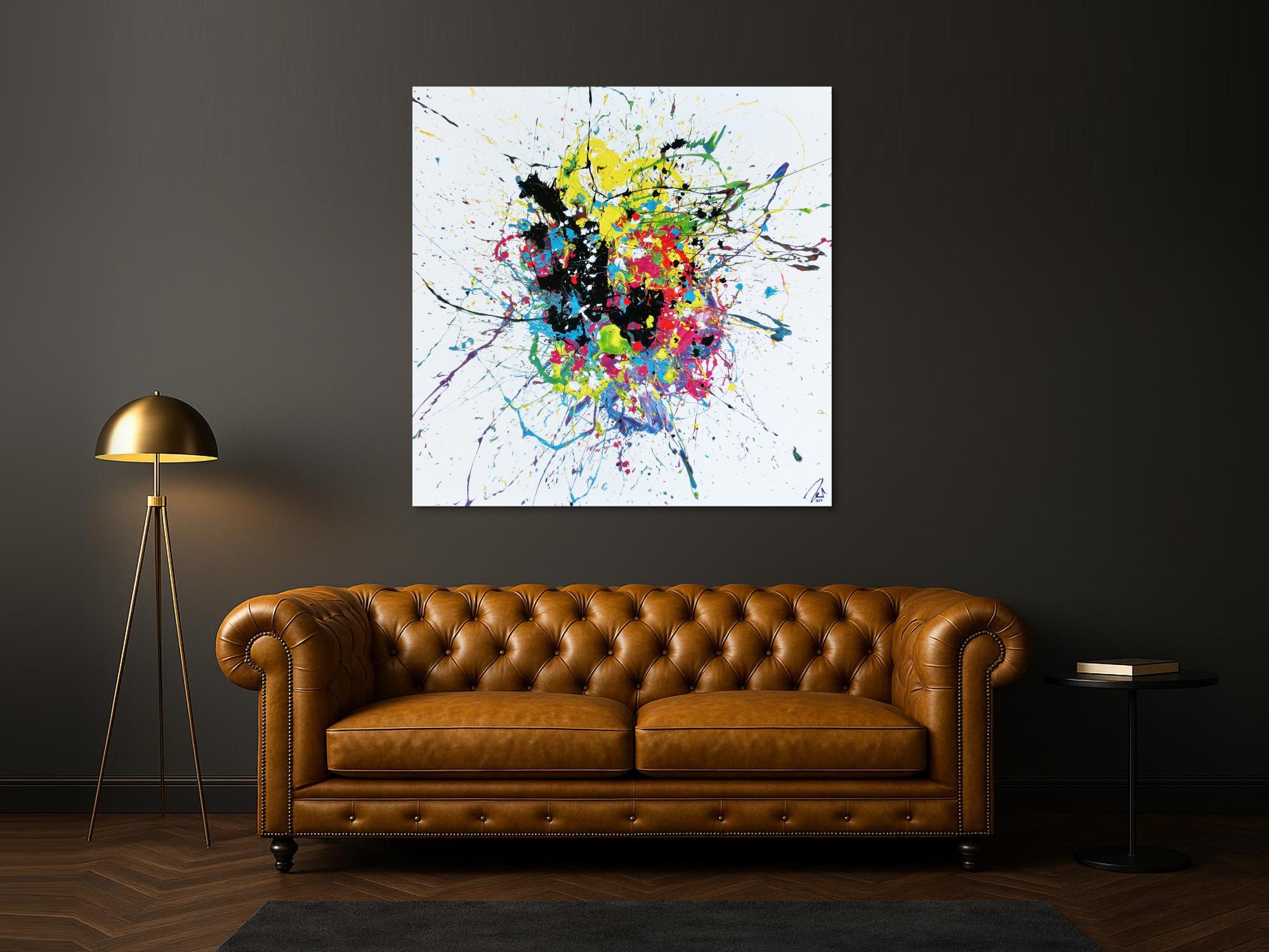 Abstraktes Acrylbild sehr bunt auf weißtem Hintergrund modern Action Painting expressionistisch Splash Art