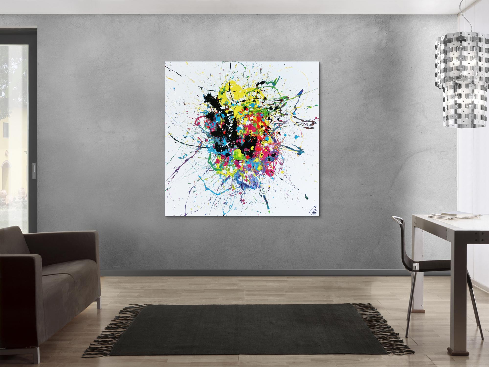 Abstraktes Acrylbild sehr bunt auf weißtem Hintergrund modern Action Painting expressionistisch Splash Art