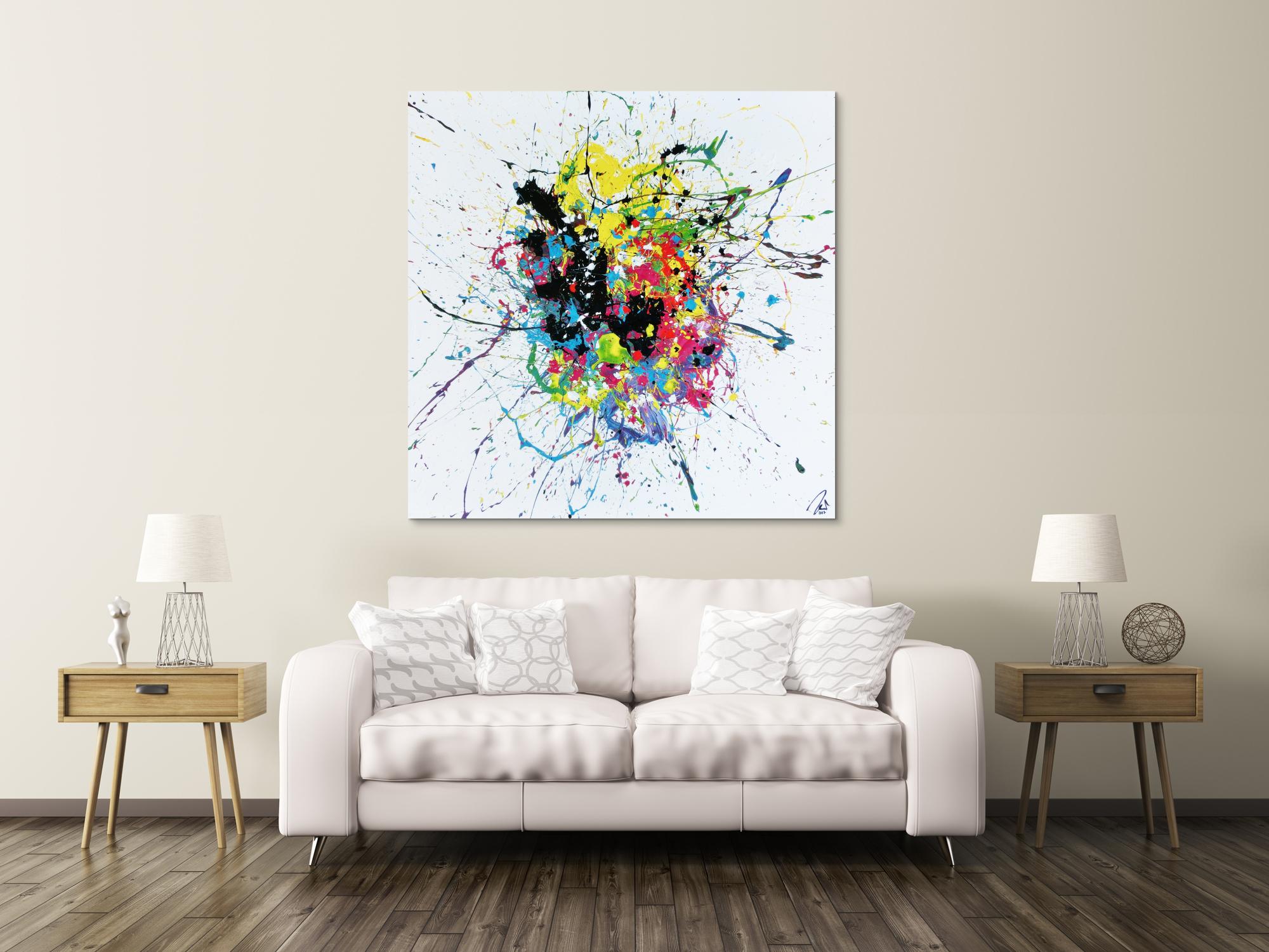 Abstraktes Acrylbild sehr bunt auf weißtem Hintergrund modern Action Painting expressionistisch Splash Art
