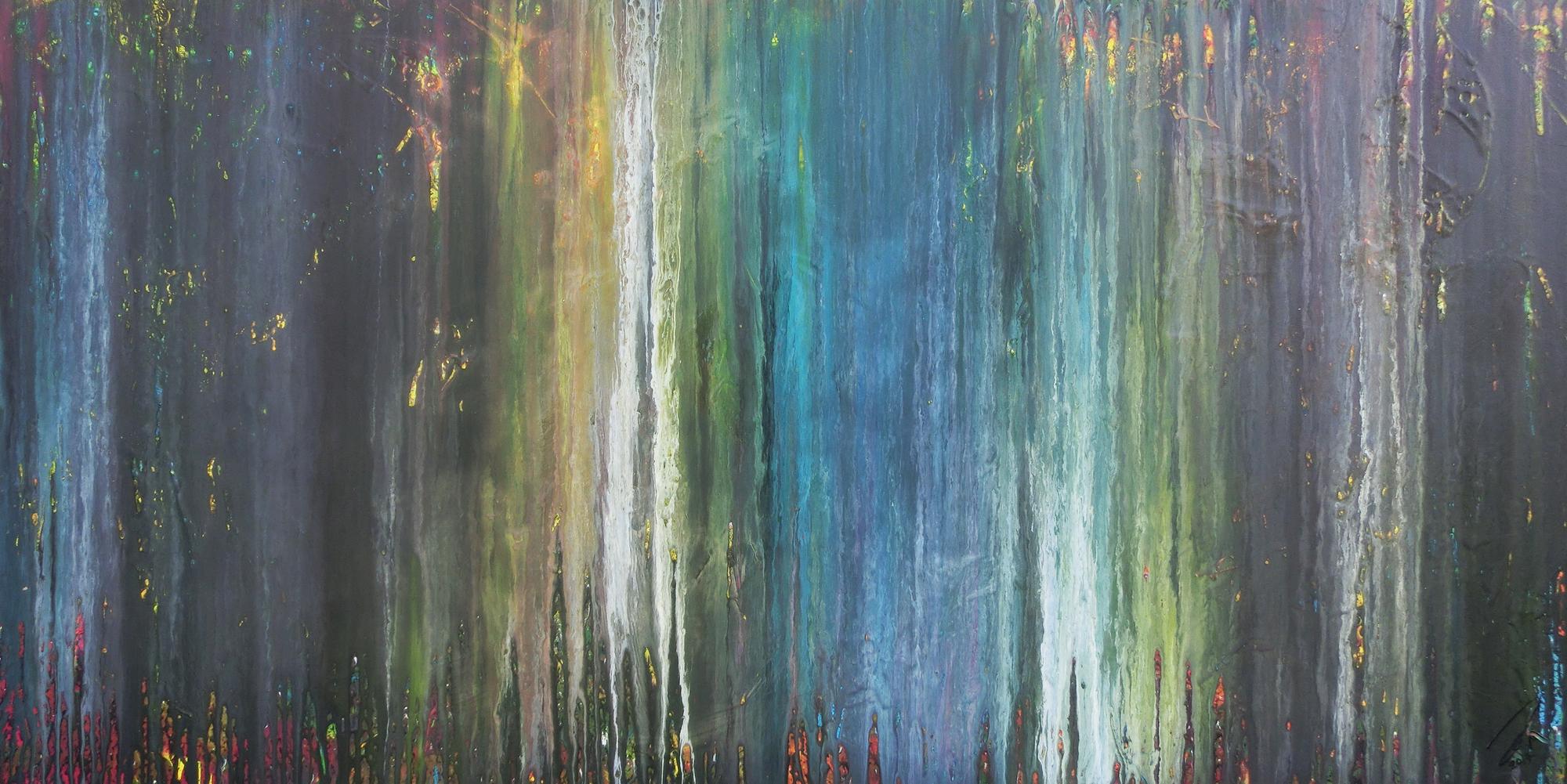 Abstraktes Acrylbild Fließtechnick Flruid Painting blau grau grün gelb