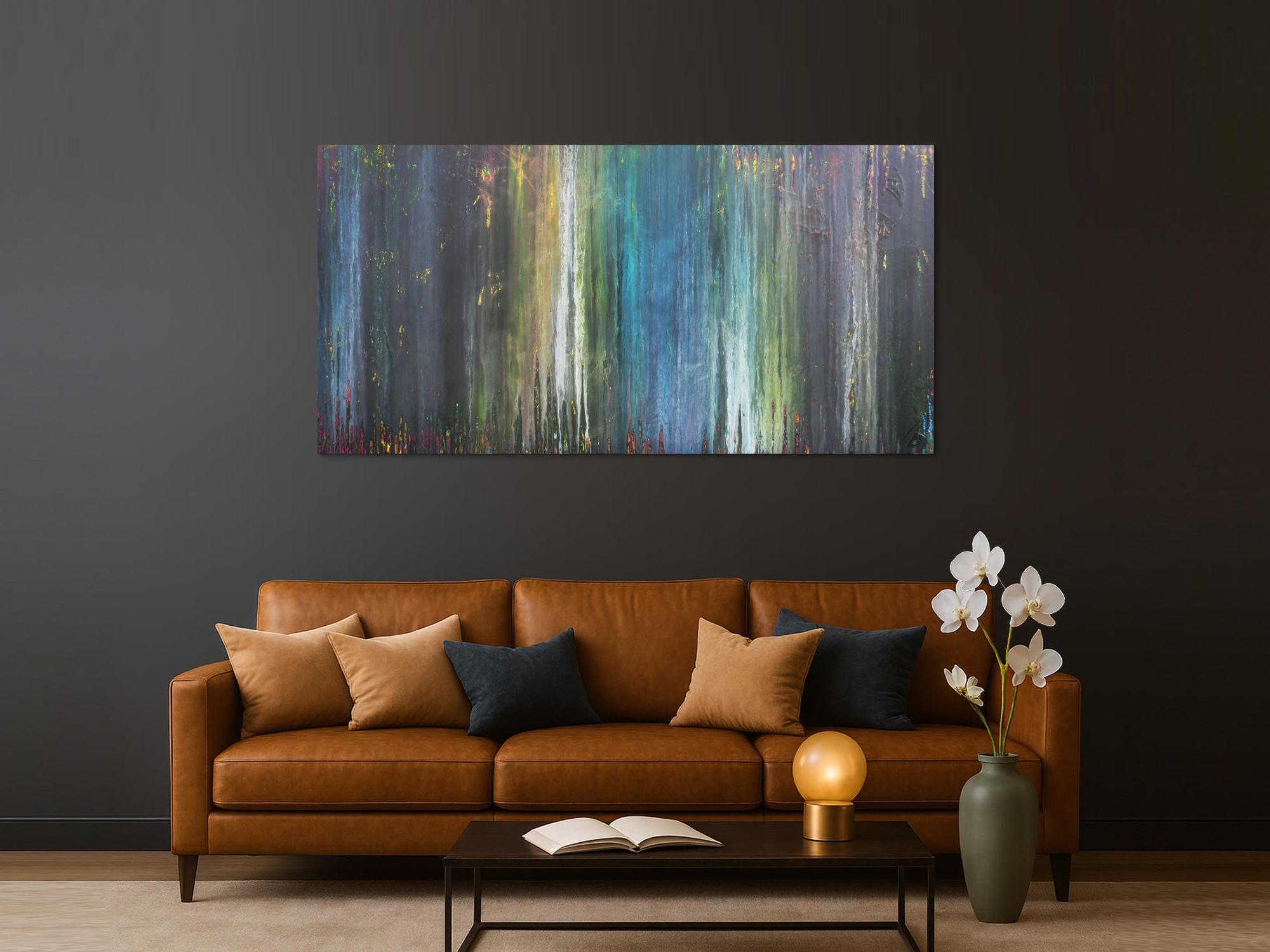 Abstraktes Acrylbild Fließtechnick Flruid Painting blau grau grün gelb