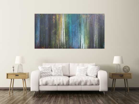Abstraktes Acrylbild Fließtechnick Flruid Painting blau grau grün gelb